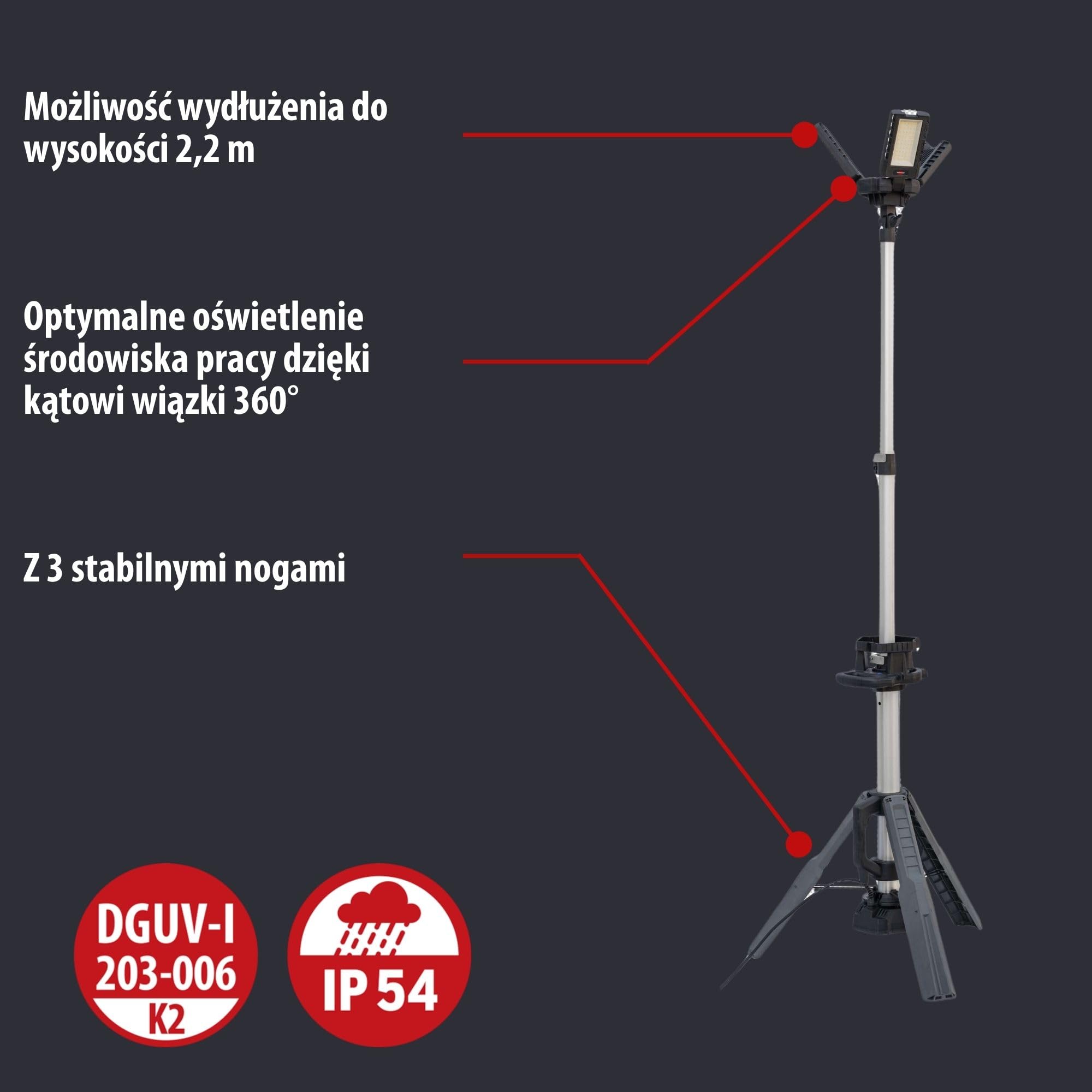 Brennenstuhl Professional Reflektor Budowlany LED na Statywie z Potrójną Głowicą 13050 T z 13500 lm, Reflektor LED z 3 Indywidualnie Regulowanymi Reflektorami, 100 W, IP54, Sterowanie Bluetooth
