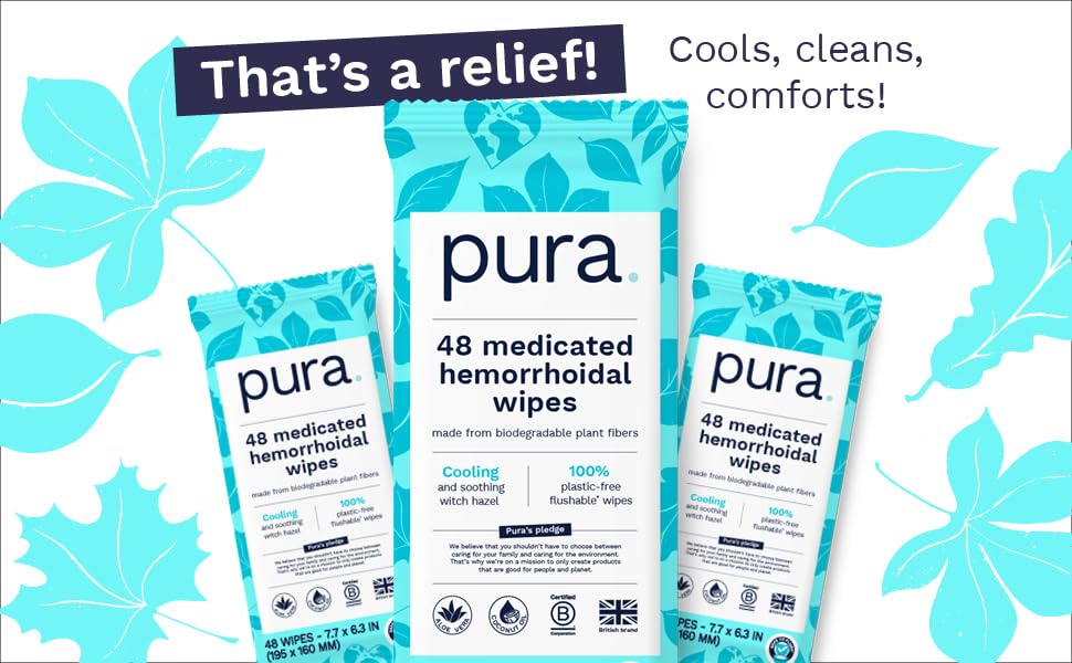 Image of Pura XL Flushable Hemorrhoid Wipes Bundle, Medicated with Witch Hazel, Aloe & Coconut Oil, Fragrance-Free, Cooling & Soothing Relief, Extra-Large, 100% Plastic-Free, 3 Packs (144 Wipes)