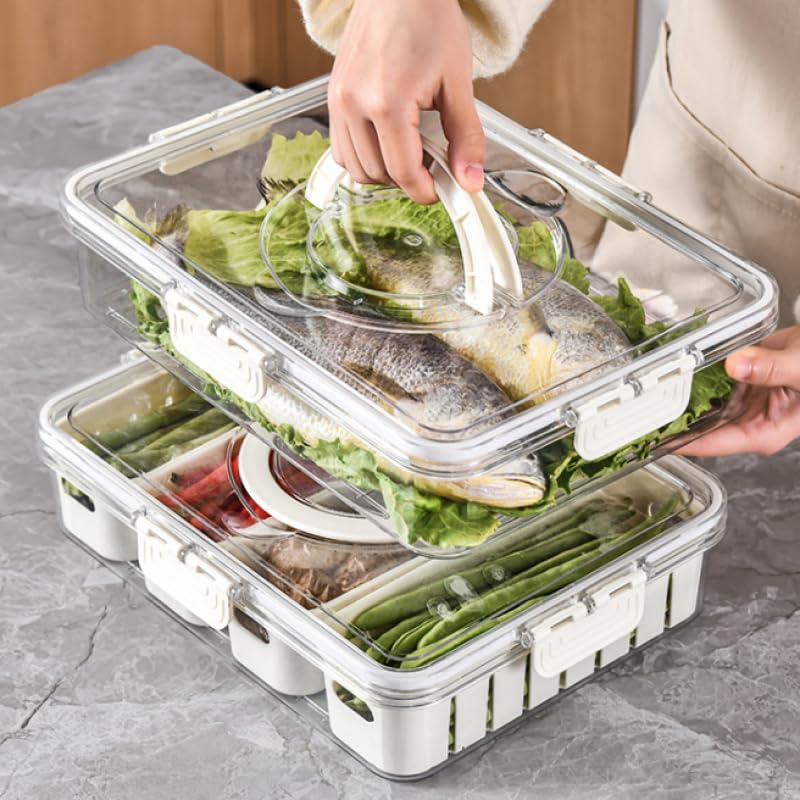 Image of Divided Fridge Storage Box with 4 Compartment | Veggie Tray for Refrigerator Organizer with Lid Handle Removable Baskets | Space Saver | Fruit Storage Container
