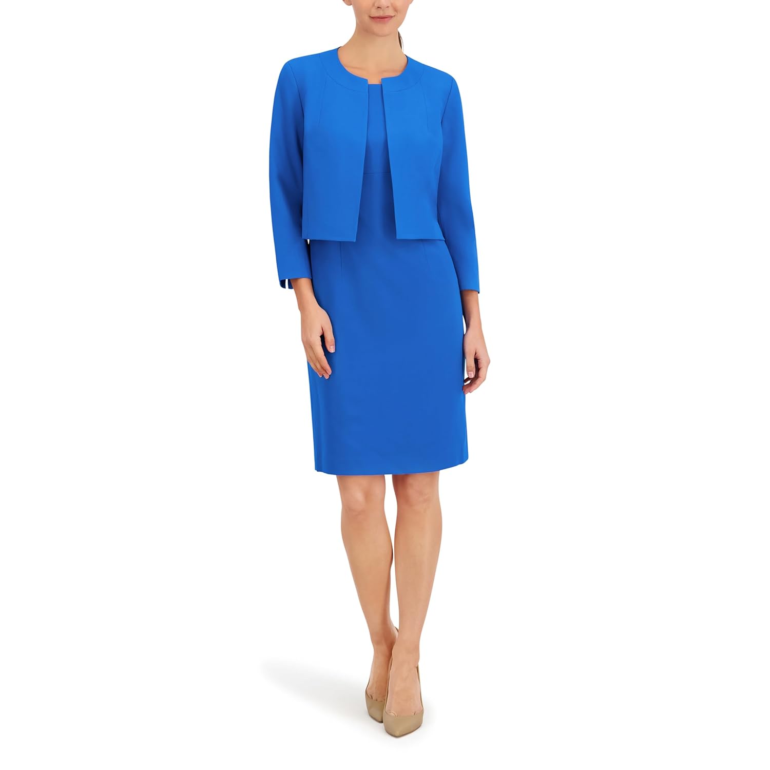 Le Suit Womens Open Jacket with Slit Sleeves Empire Waist Seamed Dress 2pc Set Imperial Blue