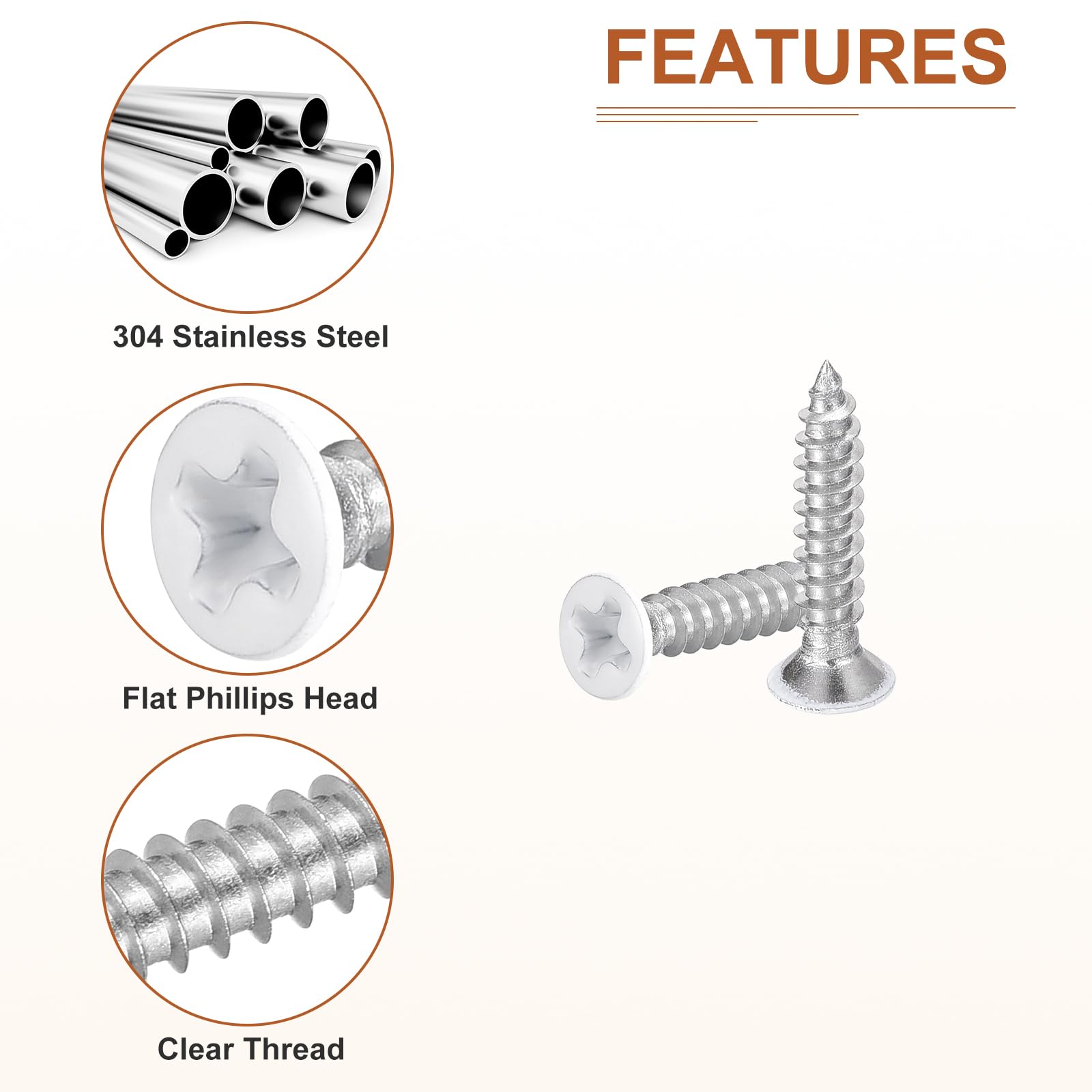 DTGN 100Pcs ST3x15mm Flat Head Wood Screws, 304 Stainless Steel White Phillips Self Tapping Screws - Image 4