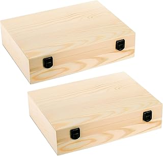 Frcctre 2 Pack 12" x 9" x 3" Unfinished Wooden Box, Natural Unfinished Pine Wood Decorative Box Wooden Gift Box Memory Box with Hinged Lid and Front Clasp for DIY Art Craft and Home Storage