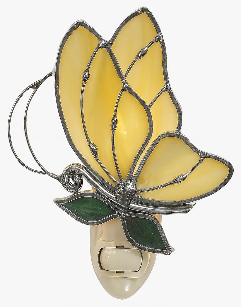 Yellow Butterfly Stained Glass Night Light – Silver Plated, from Juhlin Glass Studio – 5W Bulb Included – Standard Night Light Base