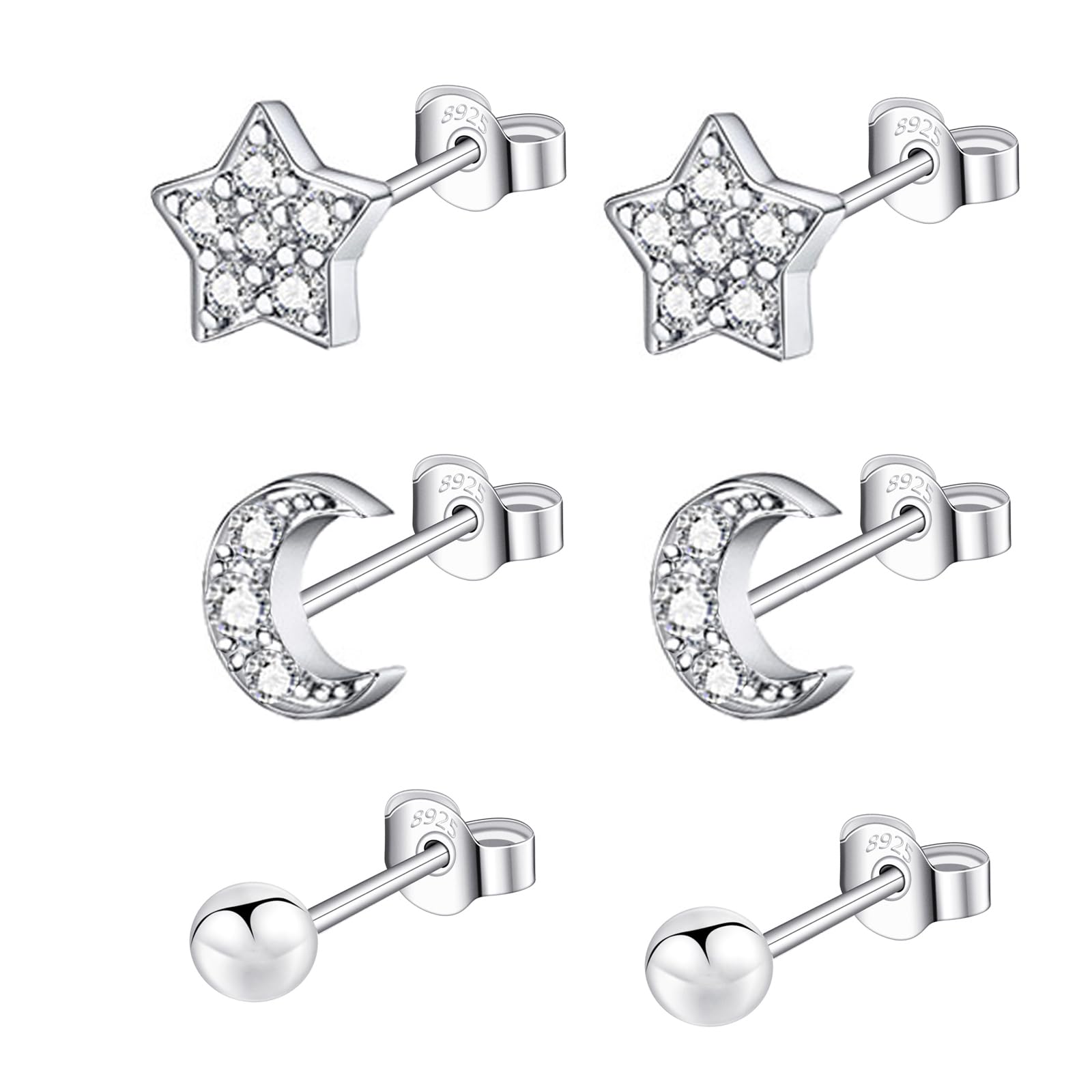 Epoch World 3 Pares Pendientes de Plata de Ley 925 Pendientes Bola Pendientes Estrella Luna con Circonita Cúbica Pequeños Pendientes de Mujer Pendientes Plata Pendientes para Mujer Niñas