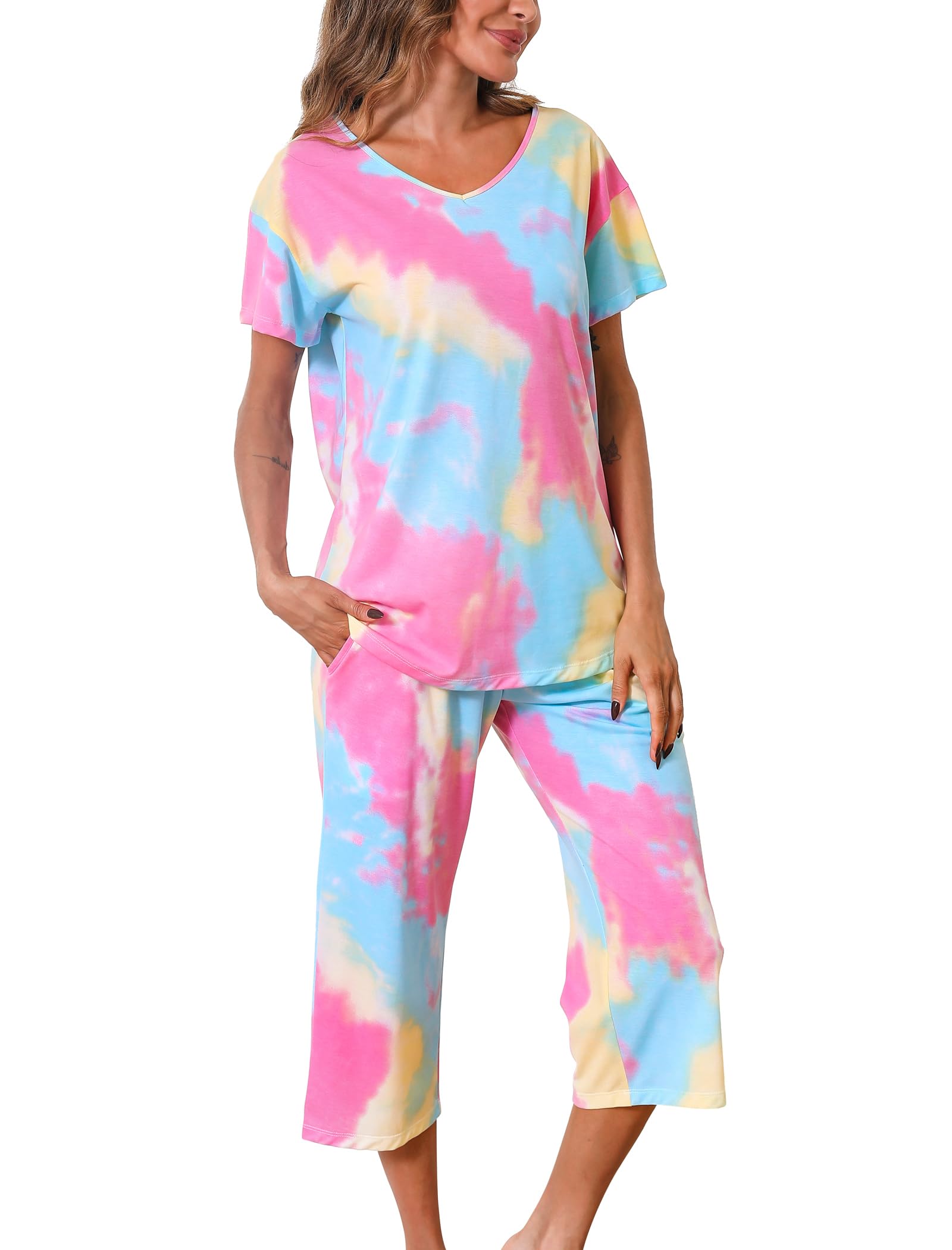 ENJOYNIGHT Women's Tie Dye Pajamas Sets Lounge Short Sleeve Top with Capri Pants Sleepwear 2 Piece Set