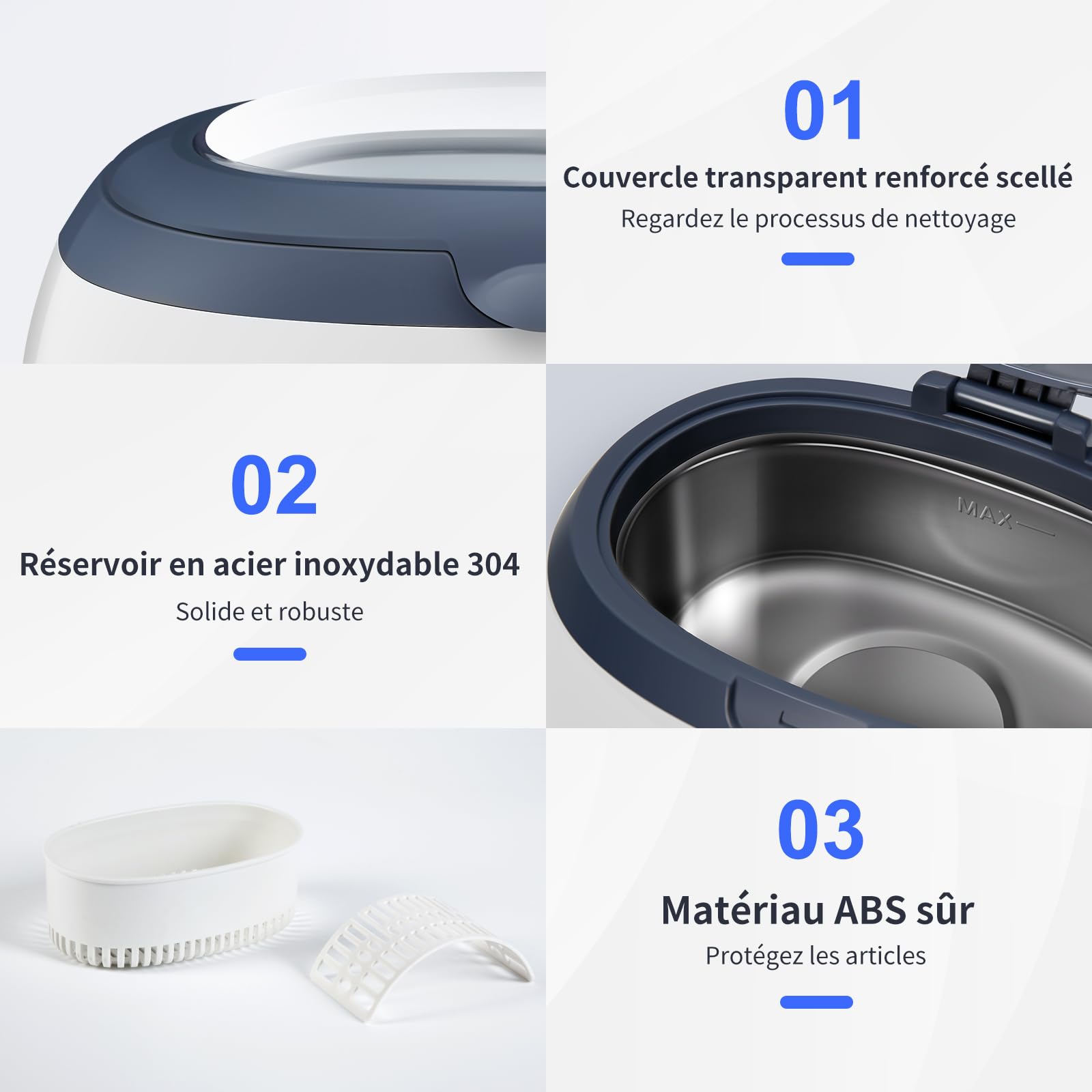 Uten Nettoyeur à Ultrasons 600ML Appareil Nettoyeur Domestique avec Panier Nettoyage et Support Automatique pour Nettoyage Bijoux Lunette Dentier CD