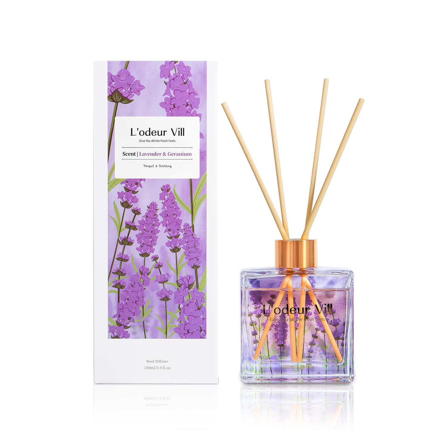 L'odeur Vill Profumatore per Ambienti,Lavanda Geranio Profumatore per Ambienti con 6 Bastoncini di Fragranza, Diffusore di Fragranze per Bagno, Appartamento, Decorazione Della Casa, 100ml