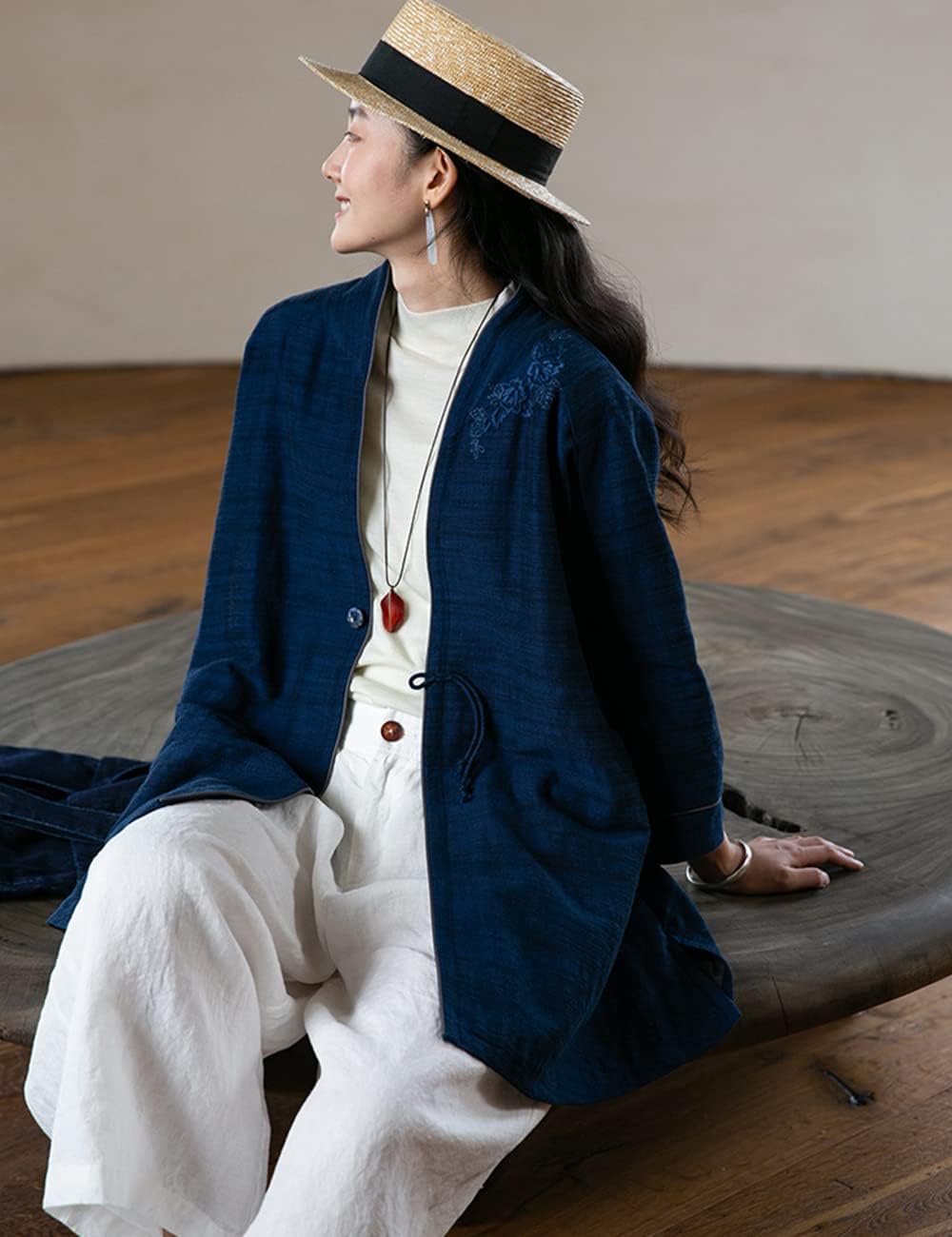 NFYM Women's Summer Lightweight Linen Kimono Jacket Long Sleeve Open Front Unique Button Embroidered Striped Loose Outerwear