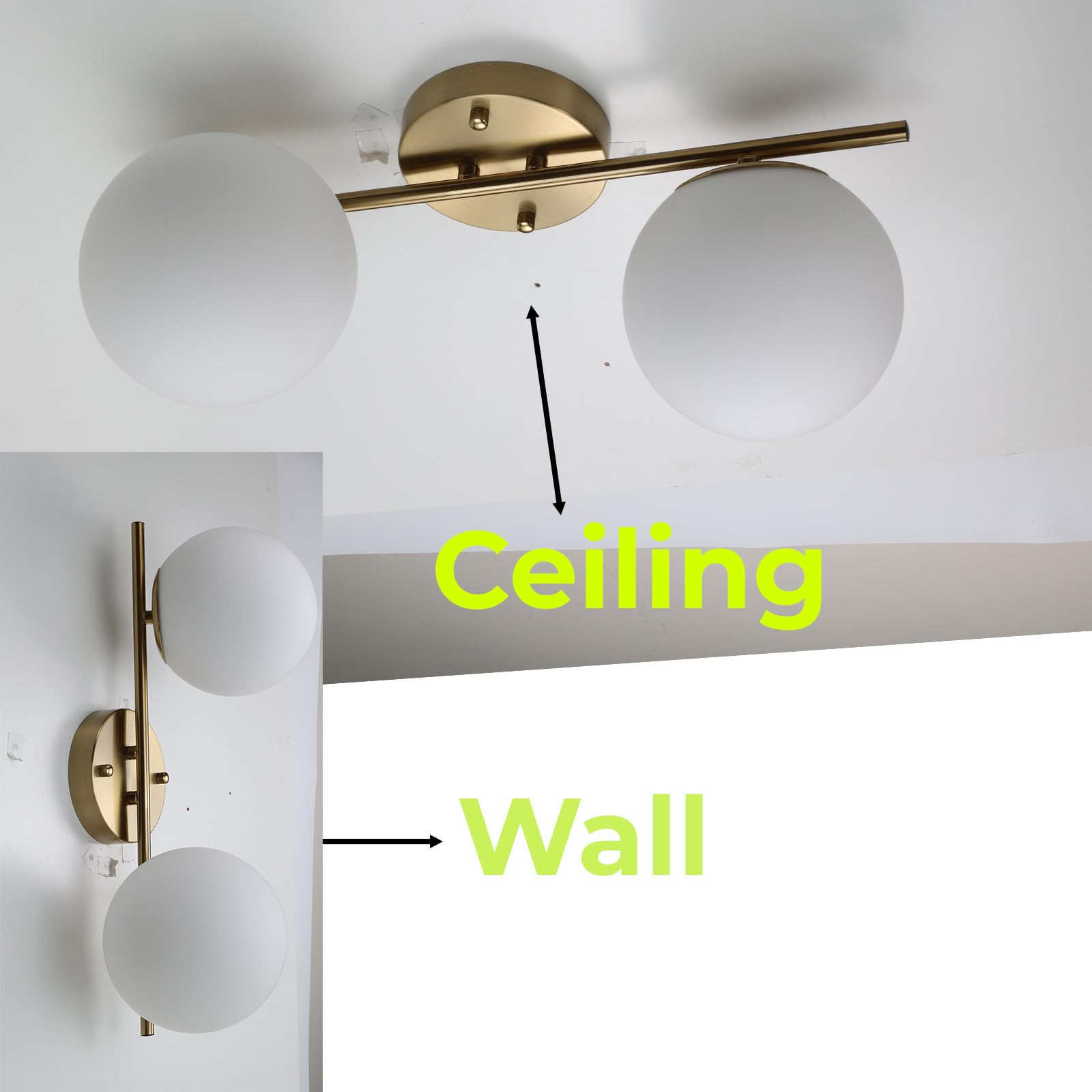 Alpinaluz Applique da parete dorato, lampada da parete con 2 sfere opache bianche, portalampada E27 G45, illuminazione decorativa per camera da letto, soggiorno e corridoio