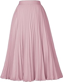 Women High Elastic Waist Pleated Chiffon Skirt Midi Swing A-line Skirts