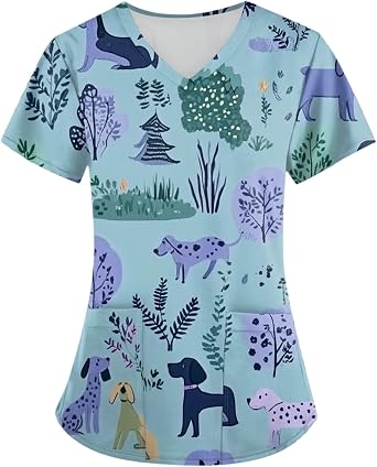 NBXNZWF Womens Under Scrub Tops Animal Printed Scrubs Stretch Dog Cat Pattern Uniforms Cute Pattern Nursing Workwear