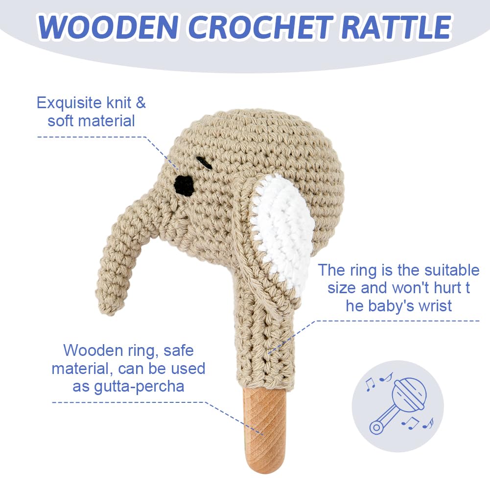 OFFCUP Baby Rattle, Wooden Crochet Animals Baby Soft Rattle Sensory Toys - Image 3