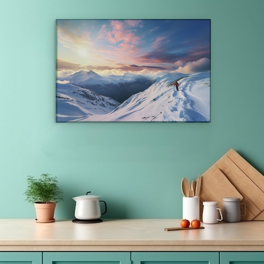 Canvas for Living room. Conquering the Snow-Capped Mountain Majesty in a Crimson Cloak, 27 x 18 inch Canvas Wall Art - Surrealistic Visions - Modern Home Decor
