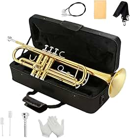 Conjunto de trompete para iniciantes - Inclui trompete padrão banhado a ouro, estojo rígido, bocal 7C, kit de limpeza, luvas. Tom atraente, fácil de tocar para estudantes
