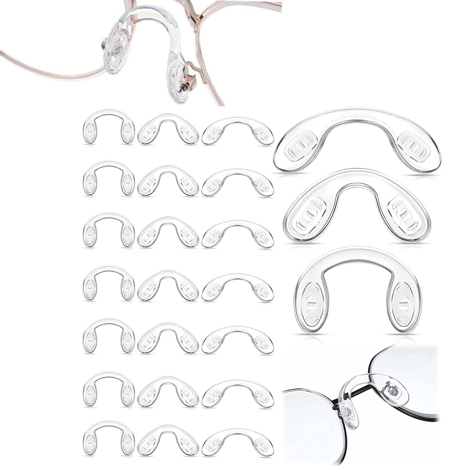 24 Pieces U Shaped Eyeglasses Nose Pads, Screw in Glasses Strap Saddle Bridge Silicone Nose Pads 3 Size 42mm 32mm 28mm Transparent Eyeglasses Anti Slip Anti Drop Glasses Fixing Tool for Children Adult