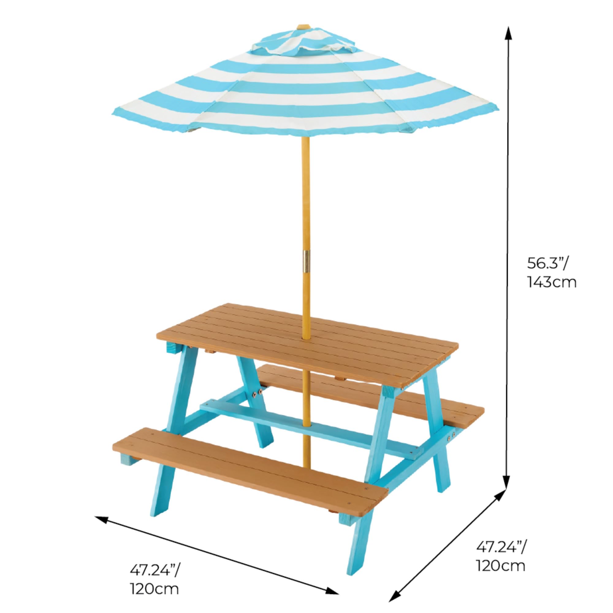 Teamson Kids Mesa de Picnic de Madera Dakota con Parasol a Rayas – Mesa y Bancos de Exterior para niños, Azul