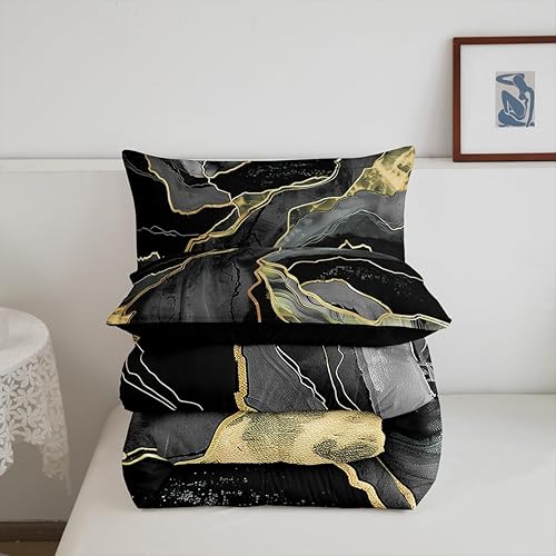 Miniatura 6 de Juego de ropa de cama de mármol negro tamaño matrimonial, relleno de edredón de mármol negro y gris, para hombres y mujeres, juego de edredón