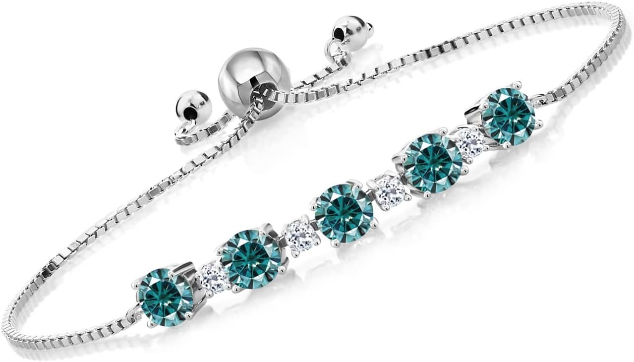 Gem Stone King 925 Sterling Silver Gemstone Birthstone and White Topaz Tennis Bracelet for Women | Round 5MM and 2.5MM | Adjustable Bolo Design | Easy-On Easy-Off | Fully Adjustable Up to 9 Inch
