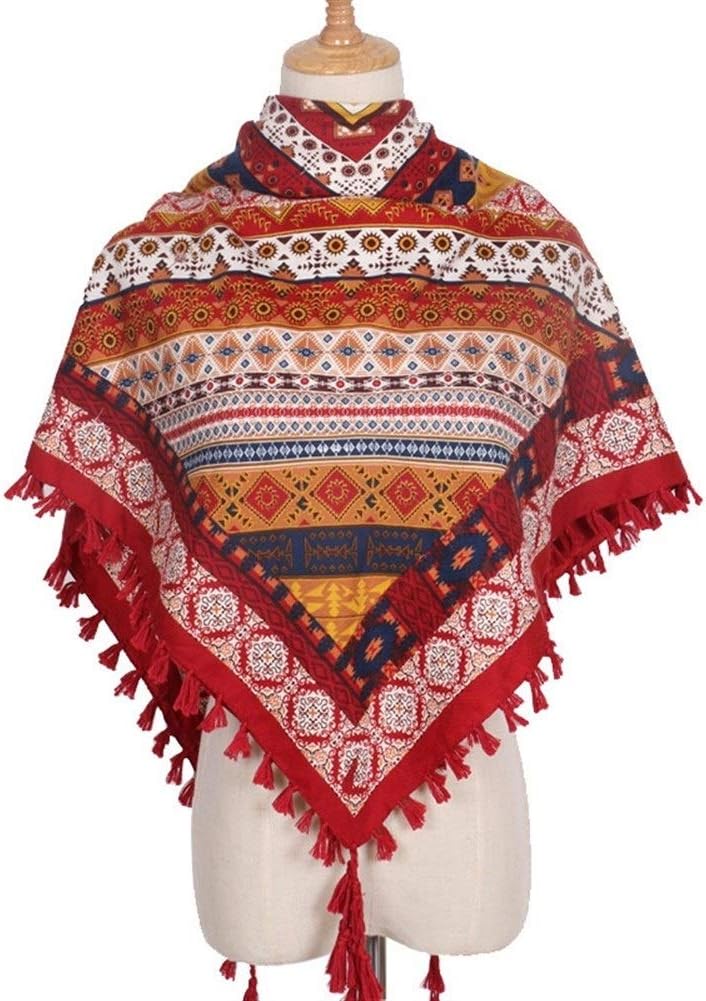 No brandAccessori donna Ethnic Style Four-side Tassel Cotton Square Scarf Women Printing Twill Cotton Large Shawl Autumn Winter (Color : Red, Size : 110 * 110cm)