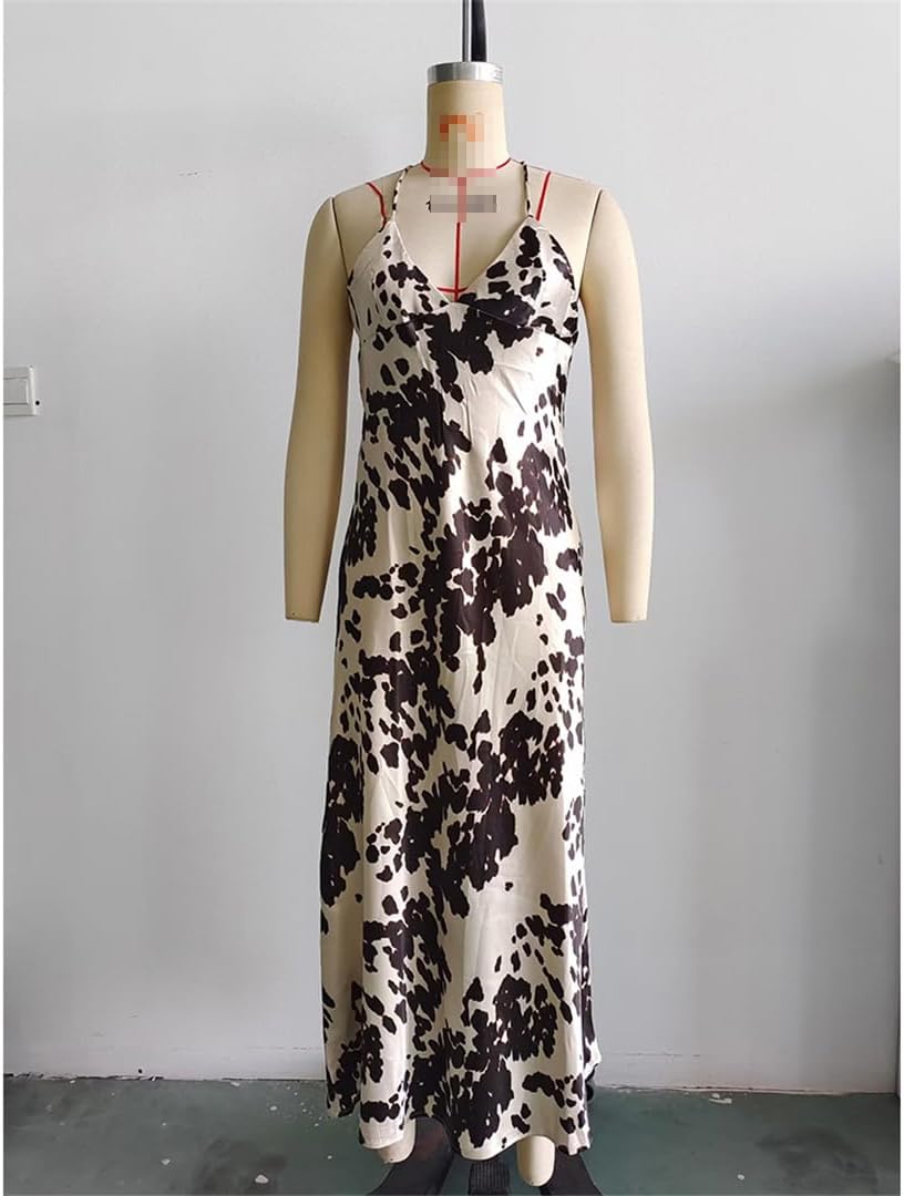 Elegant Ladies Halter Dress Black Printed Satin Texture Long Skirt