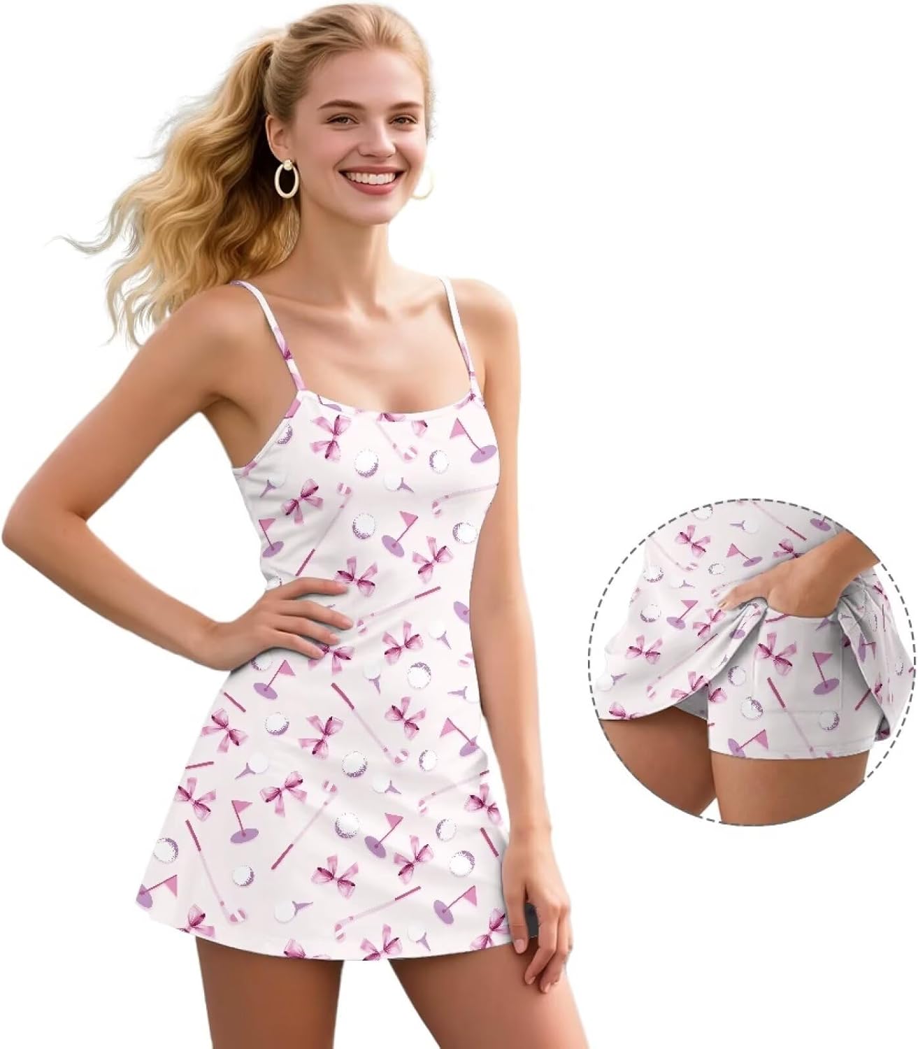 Two Piece Skirt Sets for Women Summer Vacation Outfits Tennis Skirt with Pockets Crew Neck Adjustable Straps
