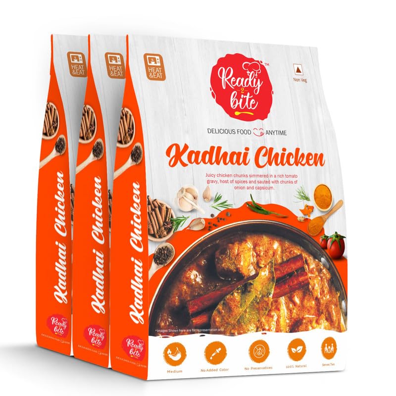 Ready 2 Bite Kadhai Chicken (Pack of 3) Special Delicious Natural Instant Food Ready to Eat In Few Minutes Slow Cooked Heat | Microwaveable | Quick meals | No Artificial Colour | No Preservative