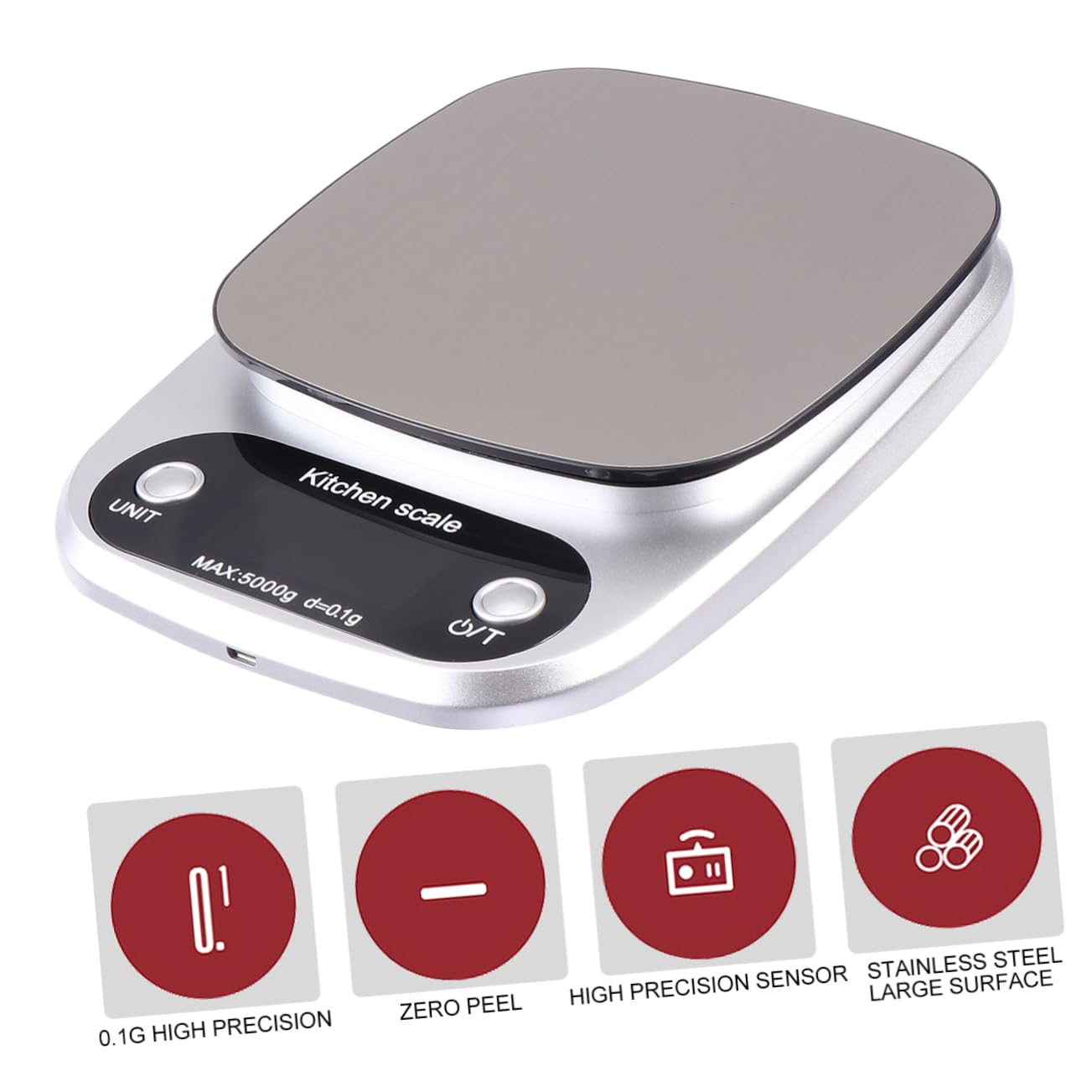5kg Báscula Inoxidable Digital Acero Recargable de 0,1g Cocina