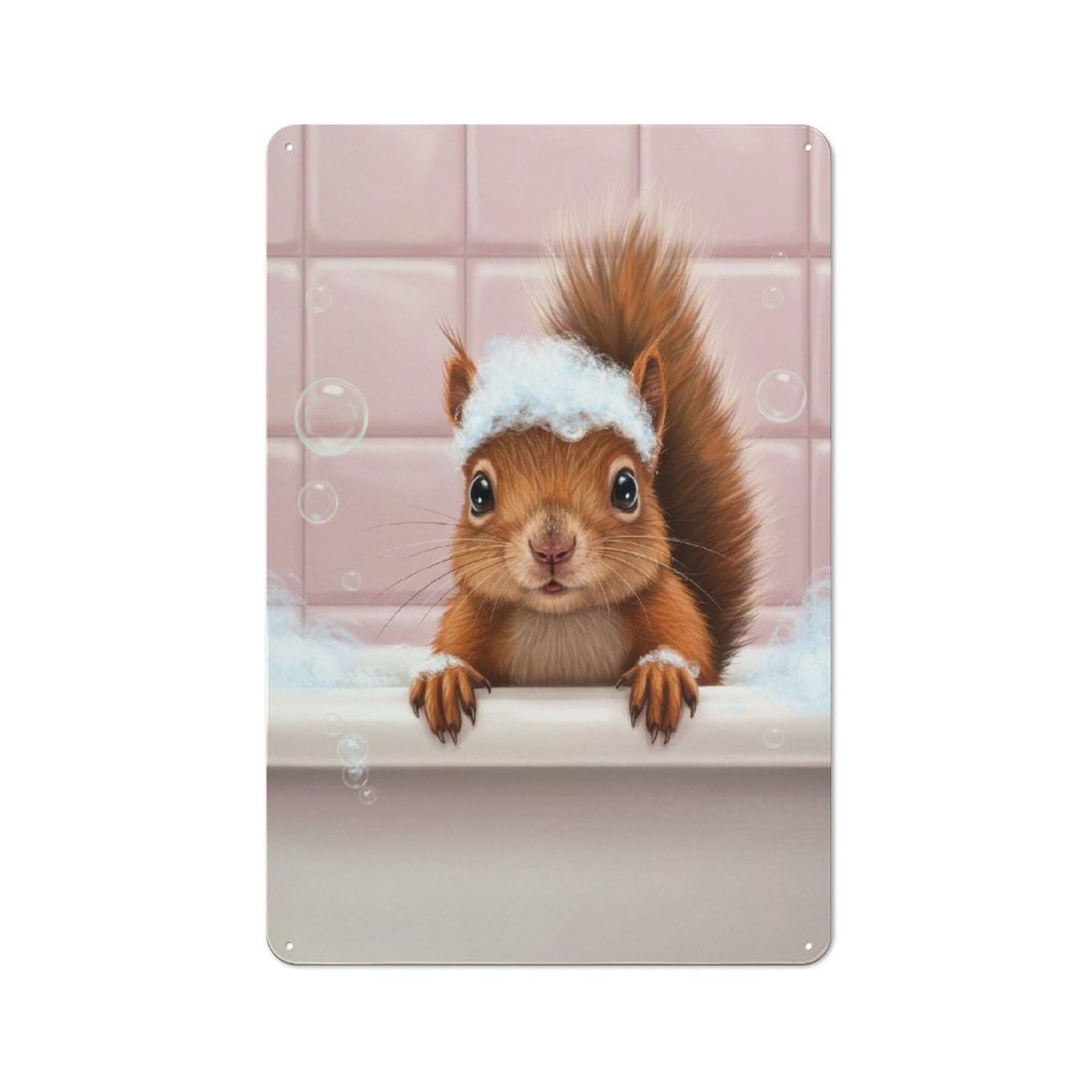 Junmoney Style-4 Tin Wall Plaque 30X20cm With Squirrel In Bathtub With Bubbles For Man Cave Or Games Room, A Housewarming Gift For Leisure-Room Decor Enthusiasts
