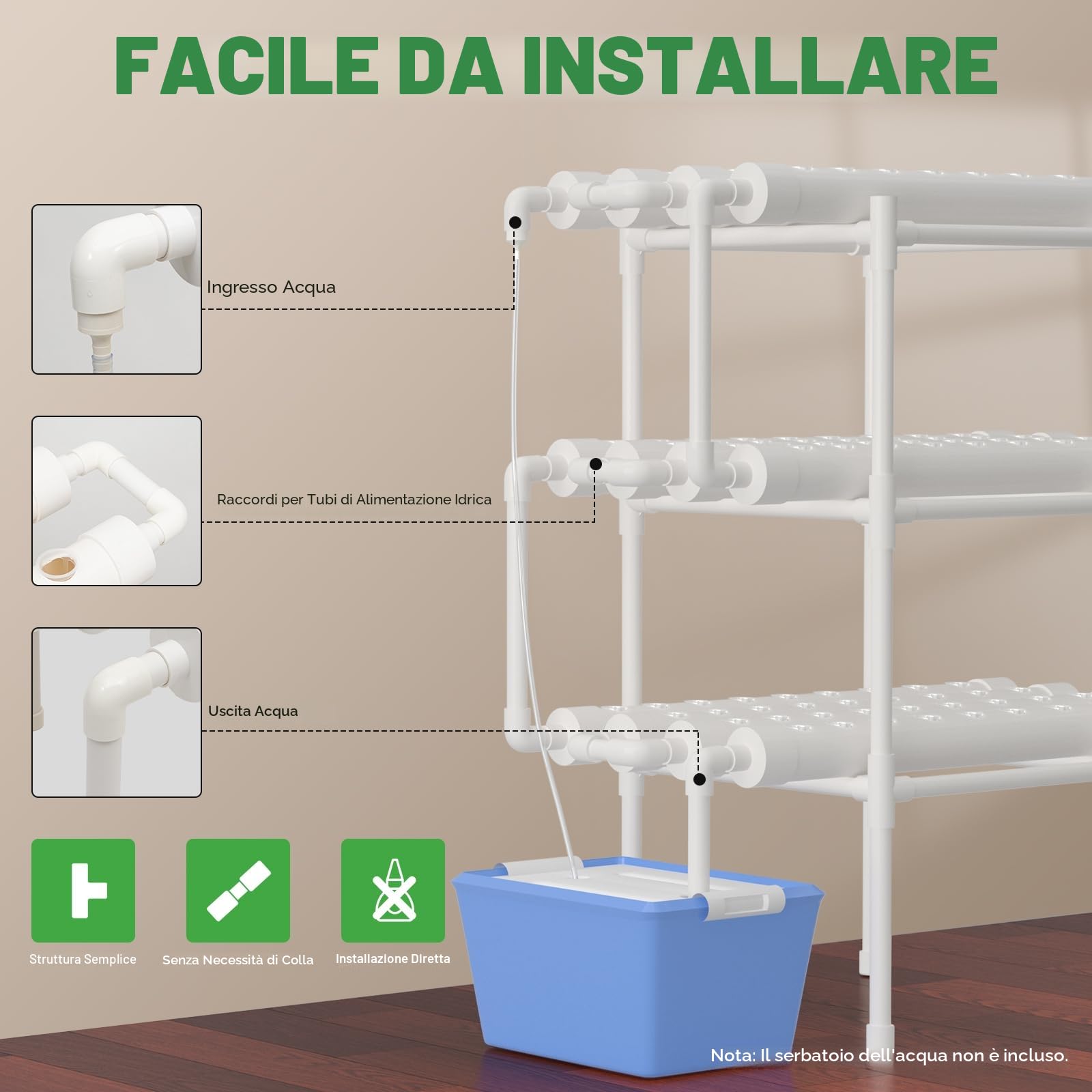 Kit Sistema di Coltivazione Idroponica a 3 Livelli 108 Posti per Ortaggi Kit di Coltivazione Idroponica Sistema di Coltivazione Senza Suolo in PVC Kit Idroponici per Ortaggi a Foglia.