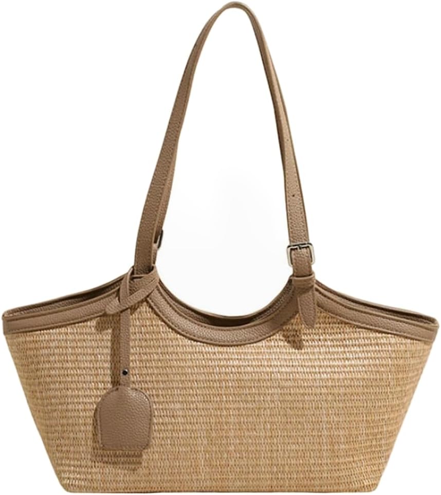 Straw Tote Bag for Women Woven Raffia Shoulder Bag Adjustable Top Handle Summer Beach Handbag for Casual Vacation Travel