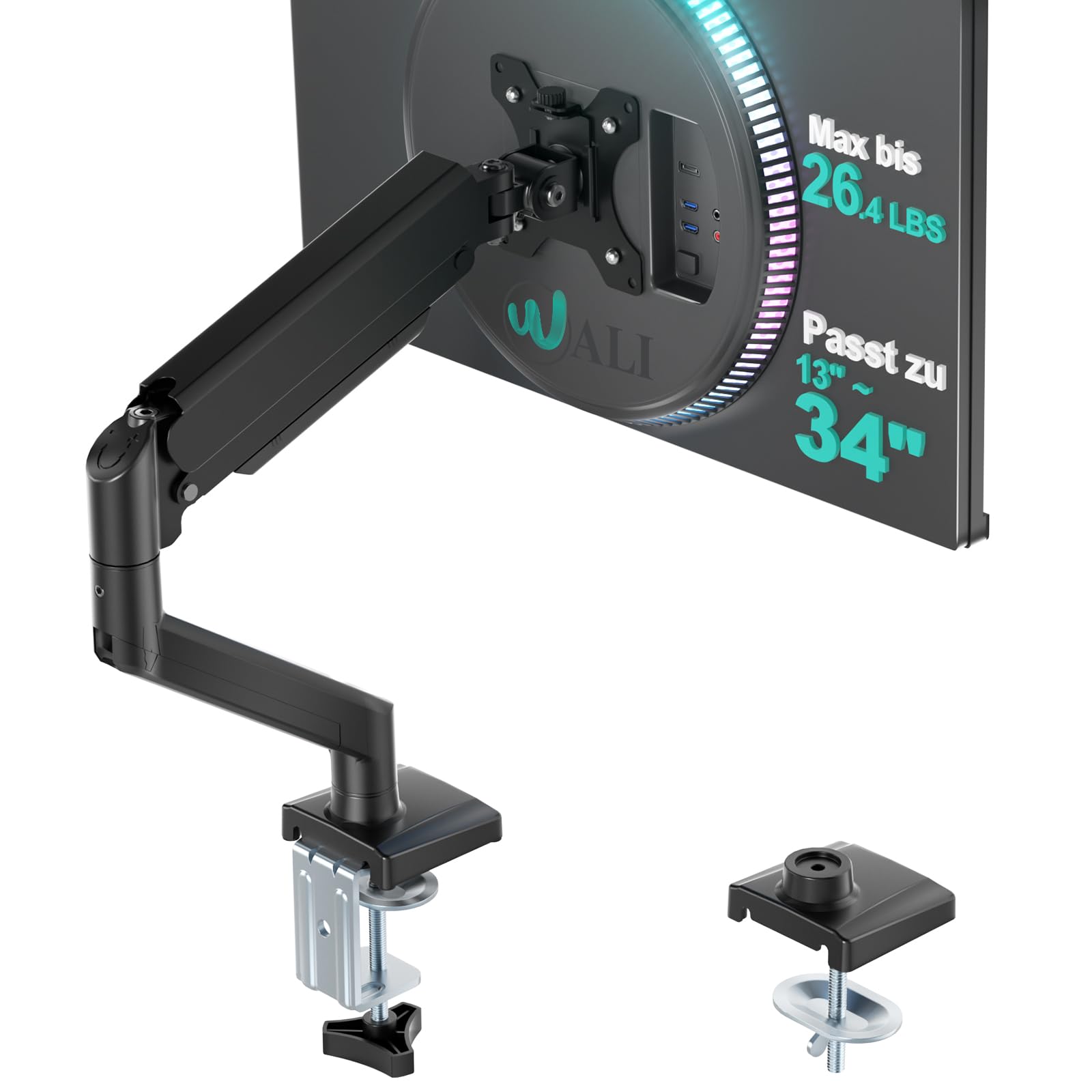 WALI Monitorhalterung für 13-34 Zoll Bildschirme bis zu 12 kg,Verstellbarer Monitorarm mit Gasfeder, Höhenverstellbare Bildschirmhalterung Schwenkbar Neigbar Drehbar,VESA 75/100 mm (GSMP001N),Schwarz