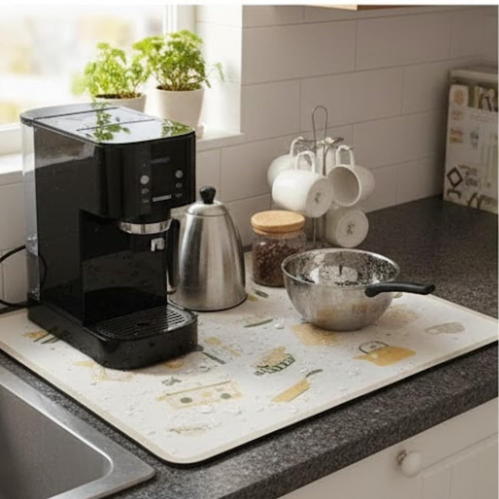 HomeCloud Dish Drying Mat for Kitchen Counter Hide Stain Super Absorbent, Non-Slip, Heat-Resistant, Great for Dishes,Rack Pad, Kitchen Counter, Coffee Maker (Beige, 40x50cm)