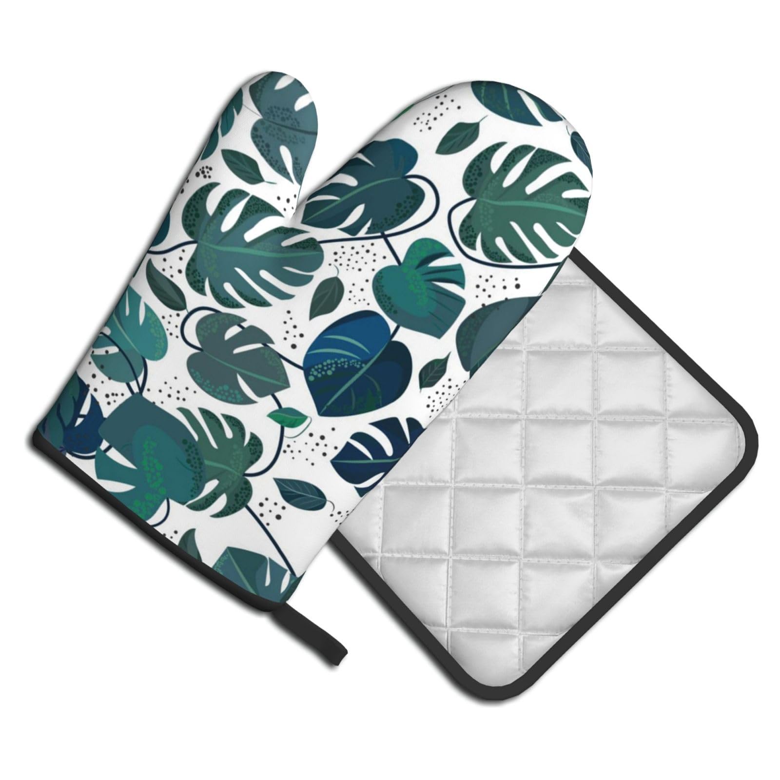 Oven Mitts and Pot Holders Set of 2 Pcs, Tropical leaves pattern Printed Heat Resistant Kitchen Gloves Potholders for Cooking Baking Grilling