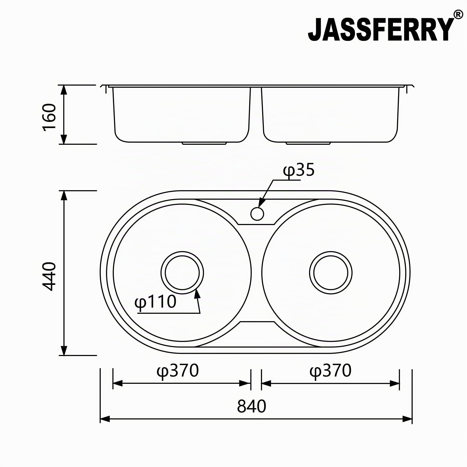 JASSFERRY Fregadero de Cocina Dos Senos, Fregadero Sobre Encimera de Acero Inoxidable, 84 x 44 cm