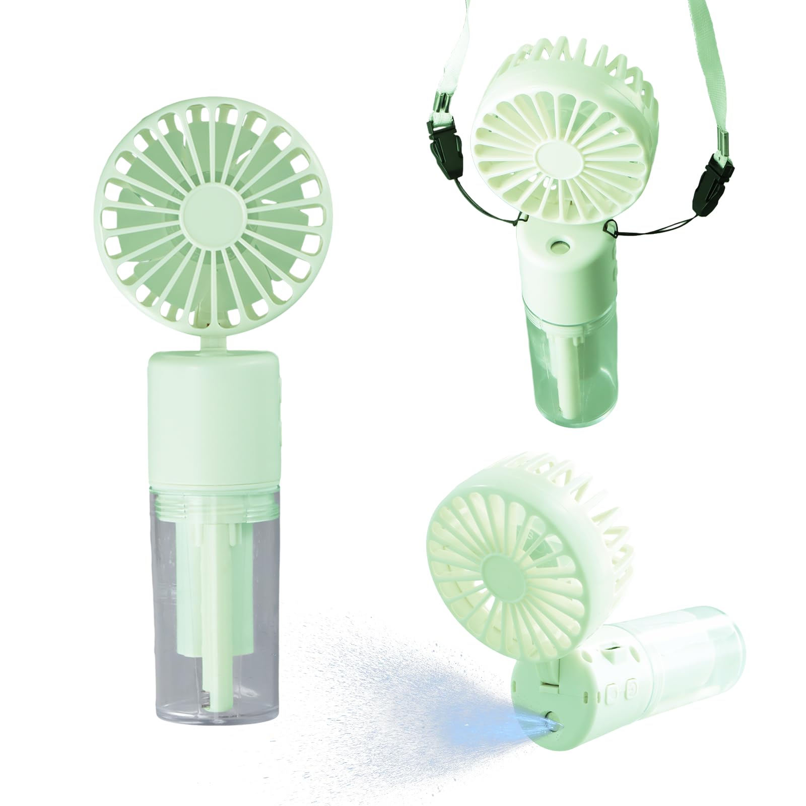 3 in 1 Handventilator, Mini Ventilator Leise, Hand Ventilatoren Aufladbar 1000mAh mit Wasser und Trageband, 180° Faltbarer Taschenventilator 4 Geschwindigkeit Zuhause Büro, Ausdauer 6-8 Std (Grün)