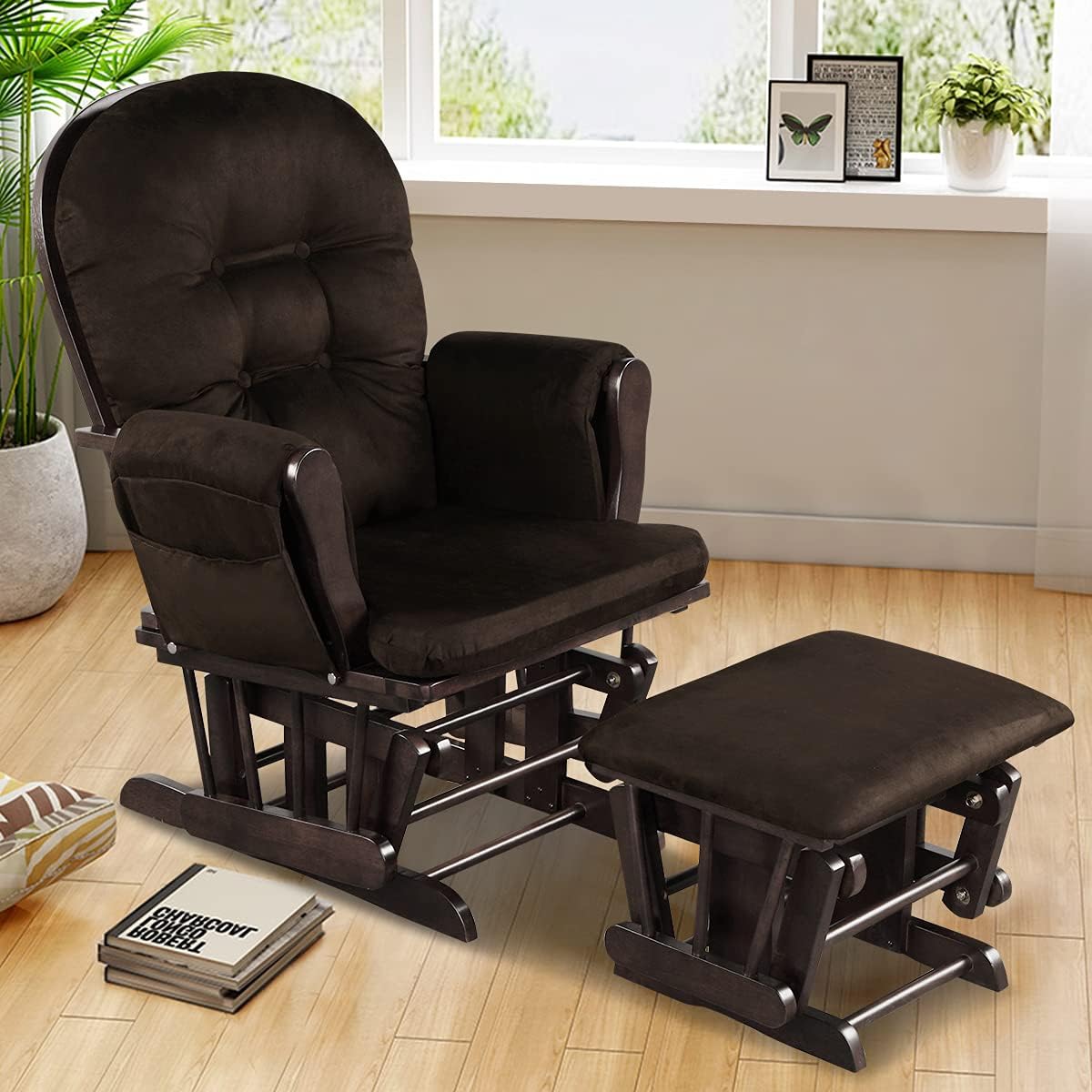 Glider and Ottoman Set, Wood Glider Rocker for Nursery, Upholstered Comfort Nursing Rocking Chair with Storage Pocket, Padded Armrests & Detachable Cushion, Easy to Assemble (Brown)