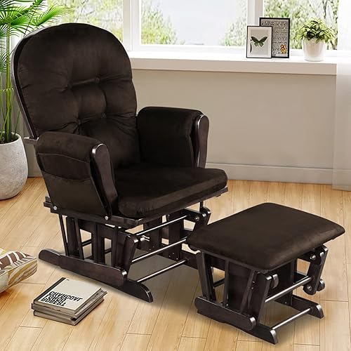 Costzon Juego de mecedora y otomana, mecedora de madera para guardería, mecedora de enfermería cómoda tapizada con bolsillo de almacenamiento,