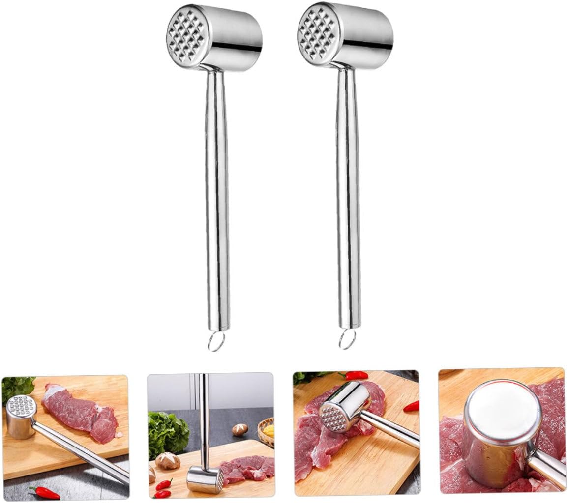 2pcs Stainless Steel Meat Tenderizer Hammer Set for Kitchen Use, Dual-sided Beef and Pork Pounders, Silver Sturdy Kitchen Steak Hammers for Home Cooking