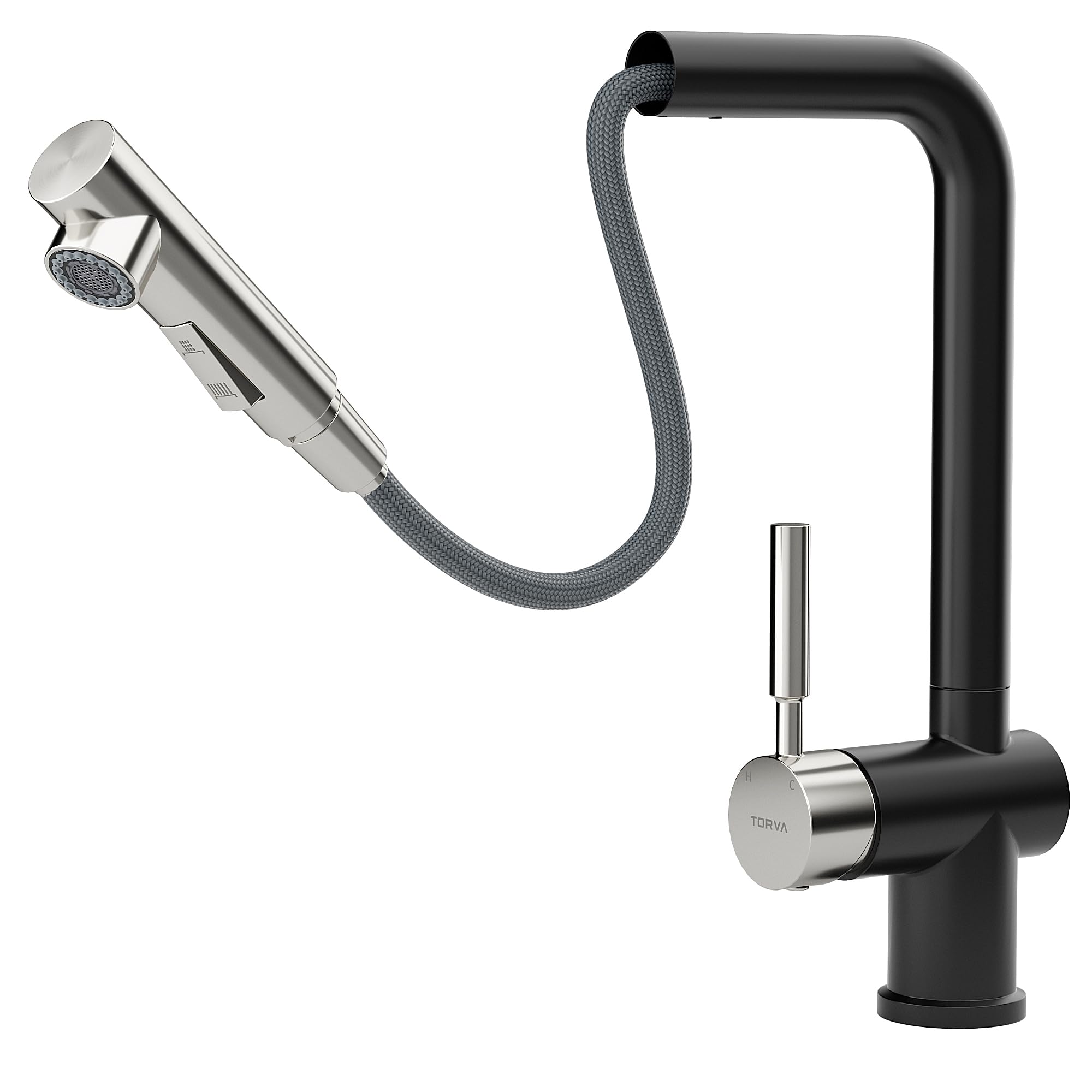 Pull Down Kitchen Faucets, Stainless Steel Kitchen Sink Faucet with Pull Out Sprayer Single Handle with Deck Plate, Matter Black+Chrome