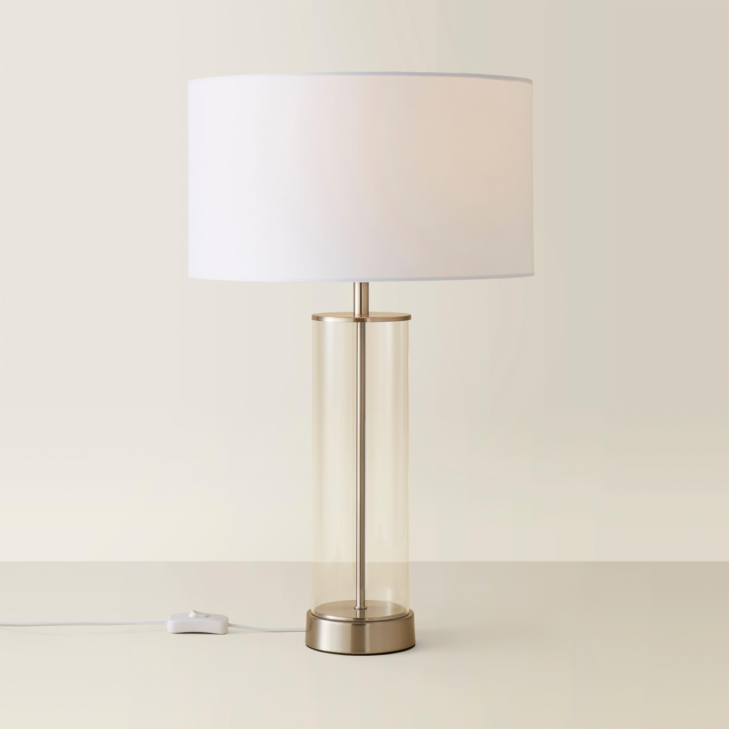 Valuelights Unisex White Balan Glass & Brushed Chrome Table Lamp W/ Fabric Drum Lamp Shade In