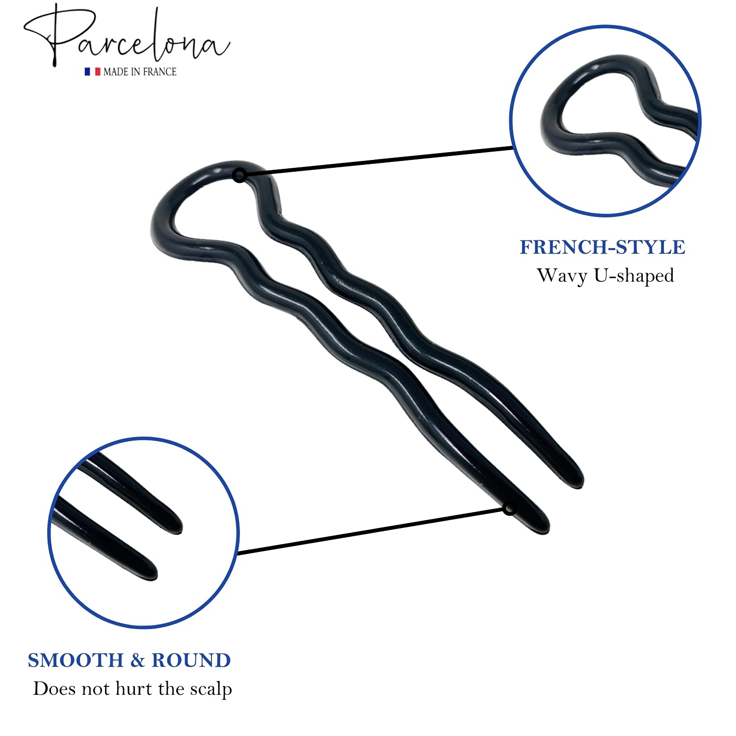 Parcelona French Sleek Black Large 3 1/2" Celluloid Made in France Wavy Crink U Shaped Chignon Set of 3 Hair Pin Sticks for Women and Girls
