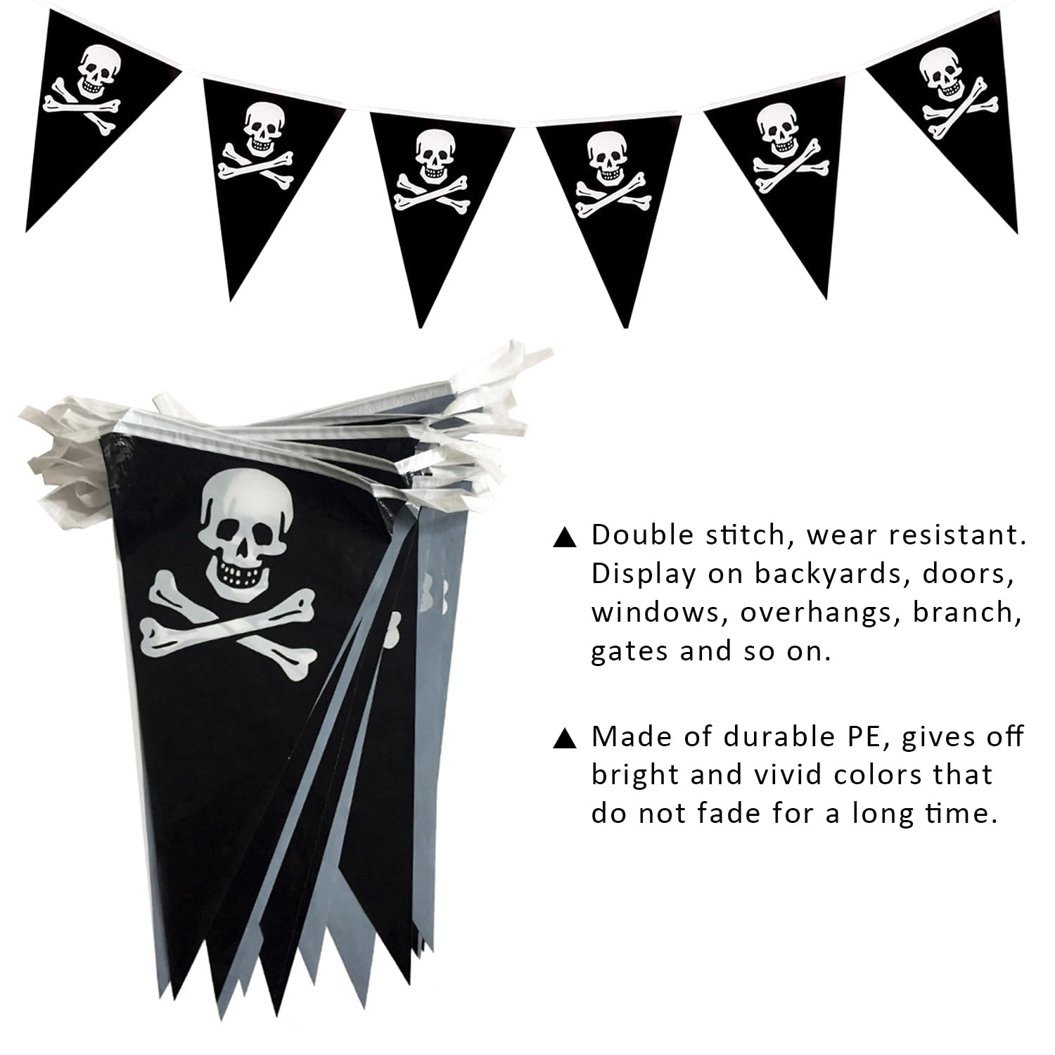 Whaline - Set di 12 bandiere pirata con teschio di Halloween, 0,9 x 1,5 m, bandiera Jolly Roger, 6 m e 10 bandierine per pirata con bastoni per decorazione Halloween Pirata