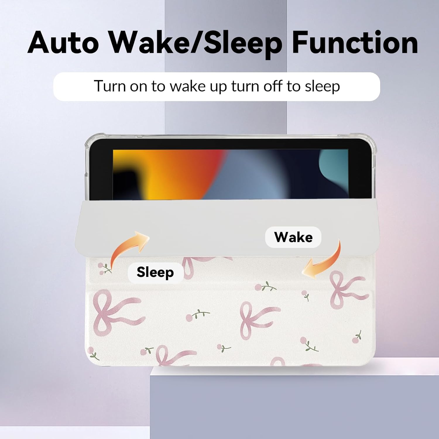 Lovmooful Compatible for iPad 9/8/7 (10.2-Inch,2021/2020/2019 Model,9th/8th/7th Generation) Case with Pencil Holder Cute Bowknot Ribbon with Flower Design Soft TPU Trifold Stand Protective-White&Pink - Image 5