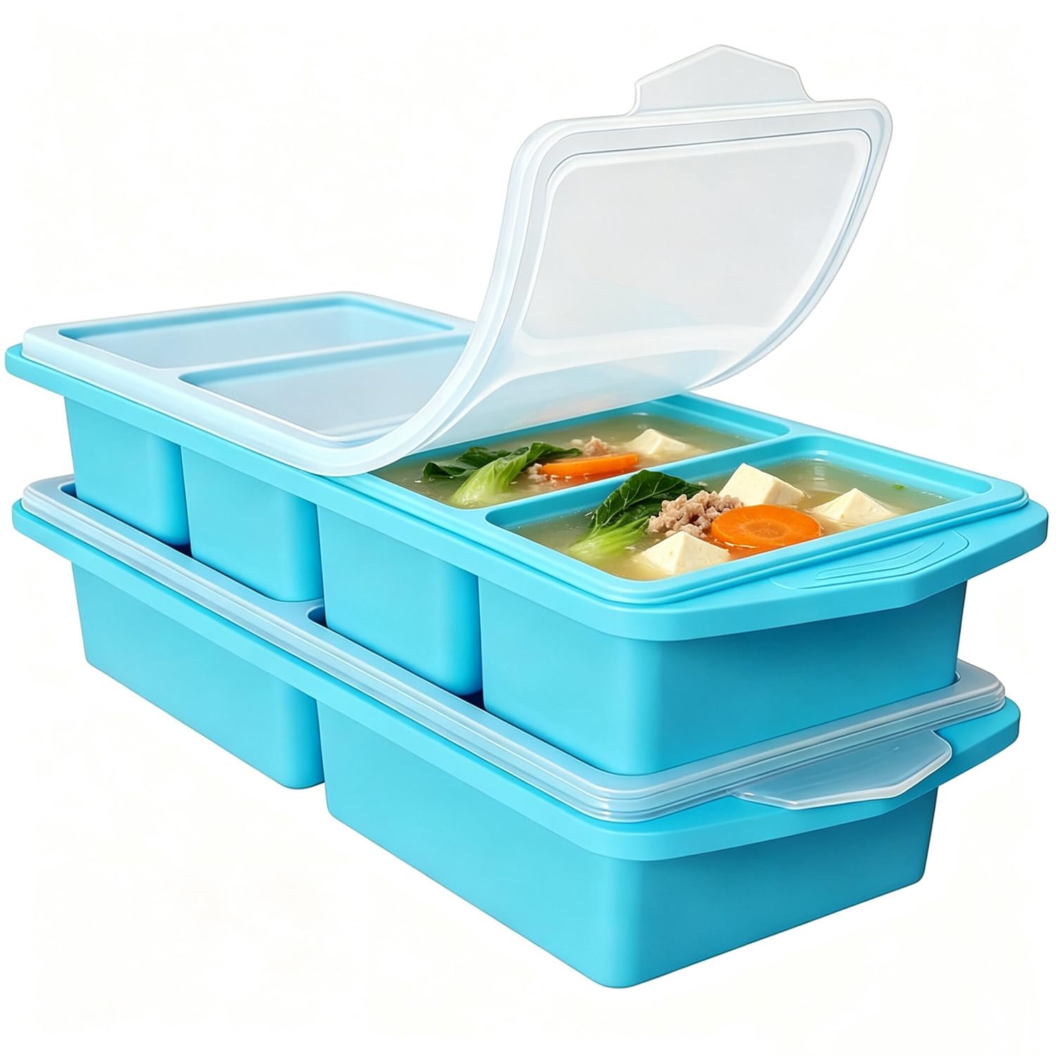 Tmeng 2 Pack Silicone Freezer Molds with Lids,1Cup&2Cup Silicone Freezer Tray with Lids for Meal Prep - Makes 6 Perfect Portions Cubes for Storing 500mL/250mL Ice Cube,Soup,Sauces,Leftovers and More