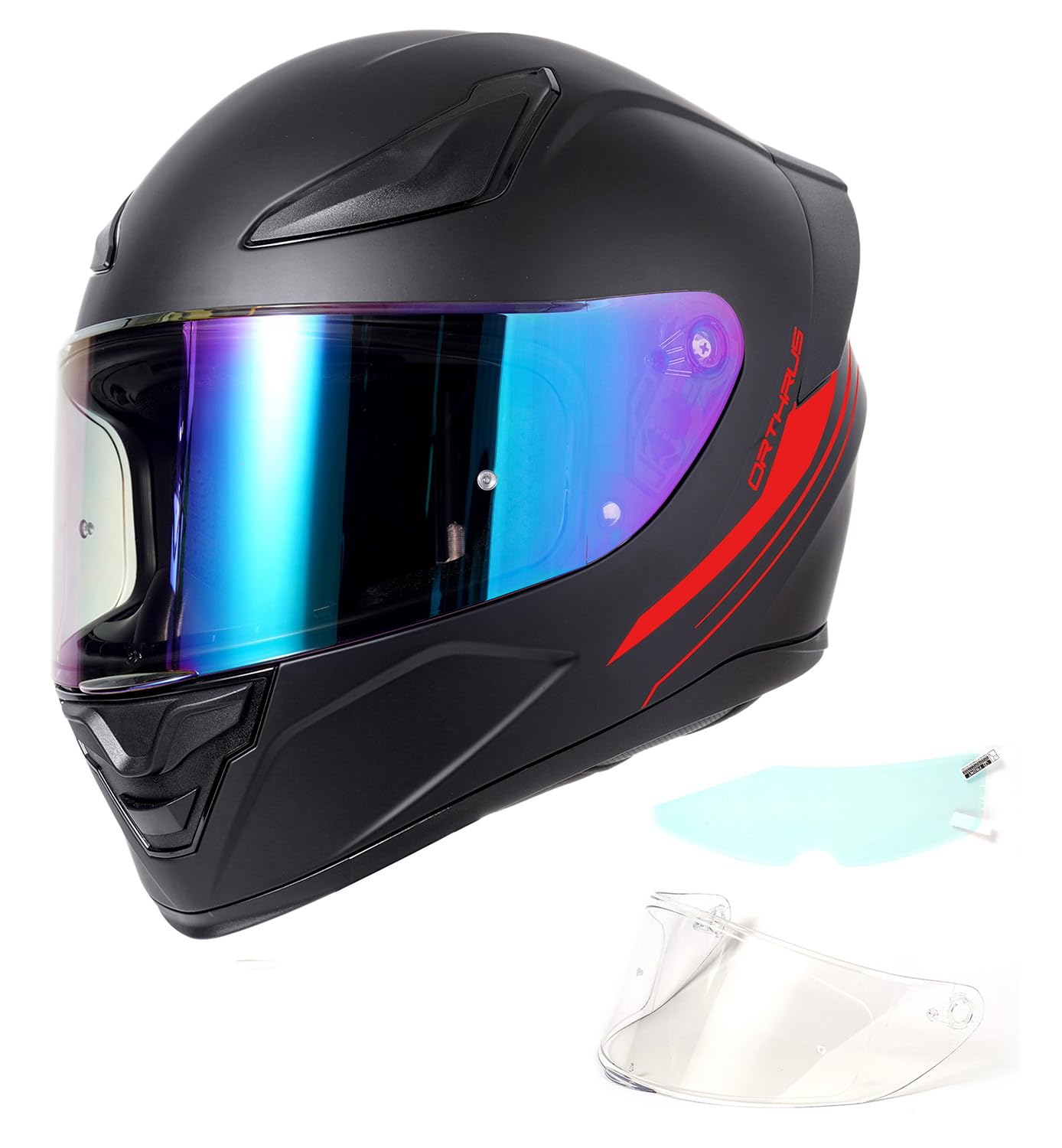 OTS Dual Visor Full Face DOT Motorcycle Helmet, Unisex, Matte Black Red M
