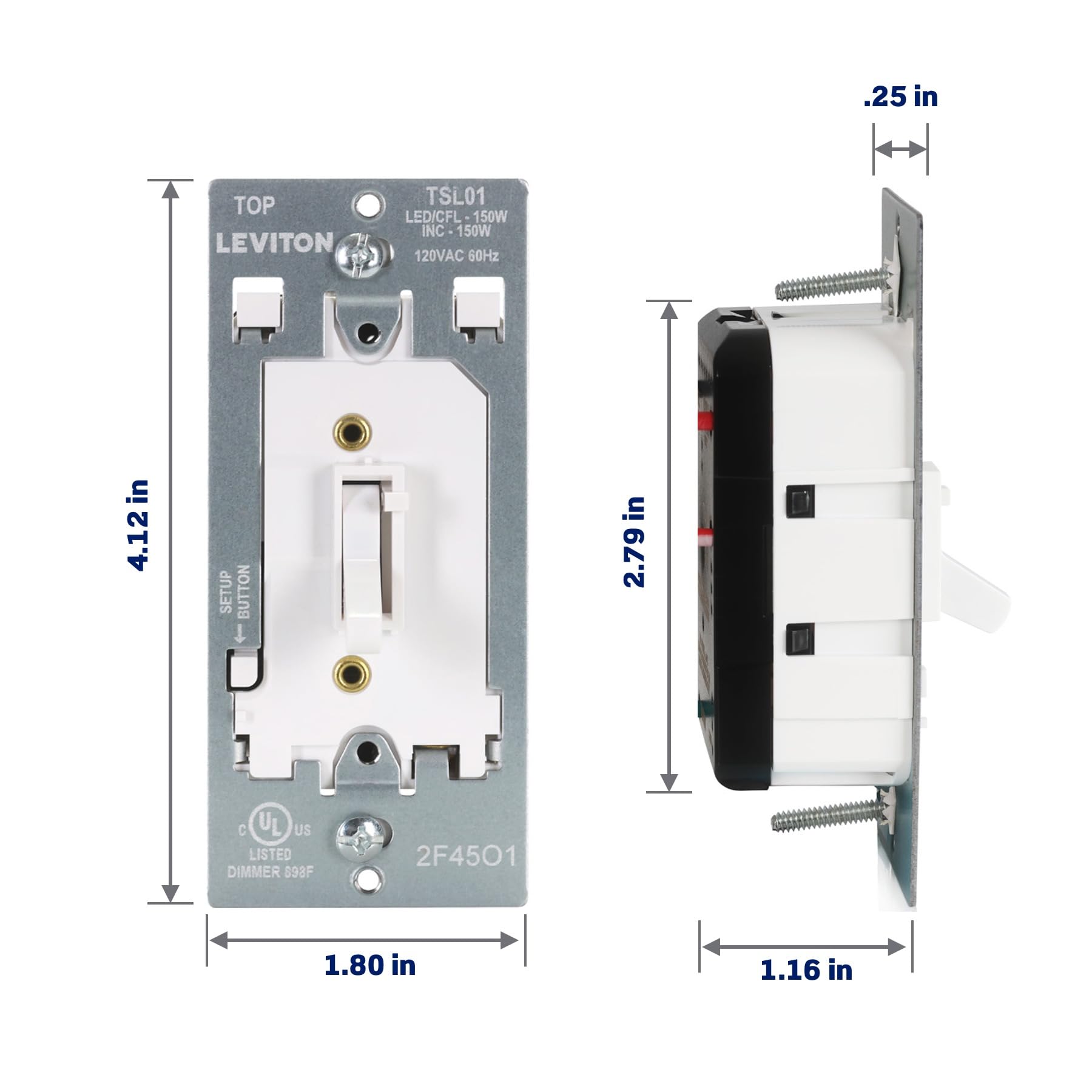 Leviton Toggle Slide LED Advanced Dimmer Switch for 150W Dimmable LED, Halogen and Incandescent Bulbs and Fixtures, TSL01-W, White - 5