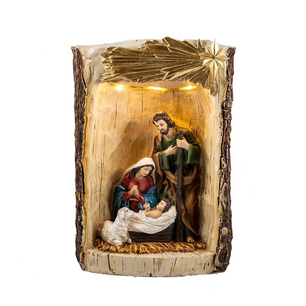 Misterio Navidad Nacimiento Tronco Árbol con luz Figura 29cm. Belén San José Niño Jesús Virgen María