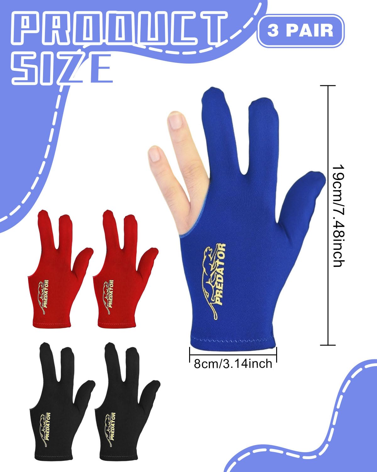 Guanti da biliardo estensibili unisex 6 pezzi nero blu rosso