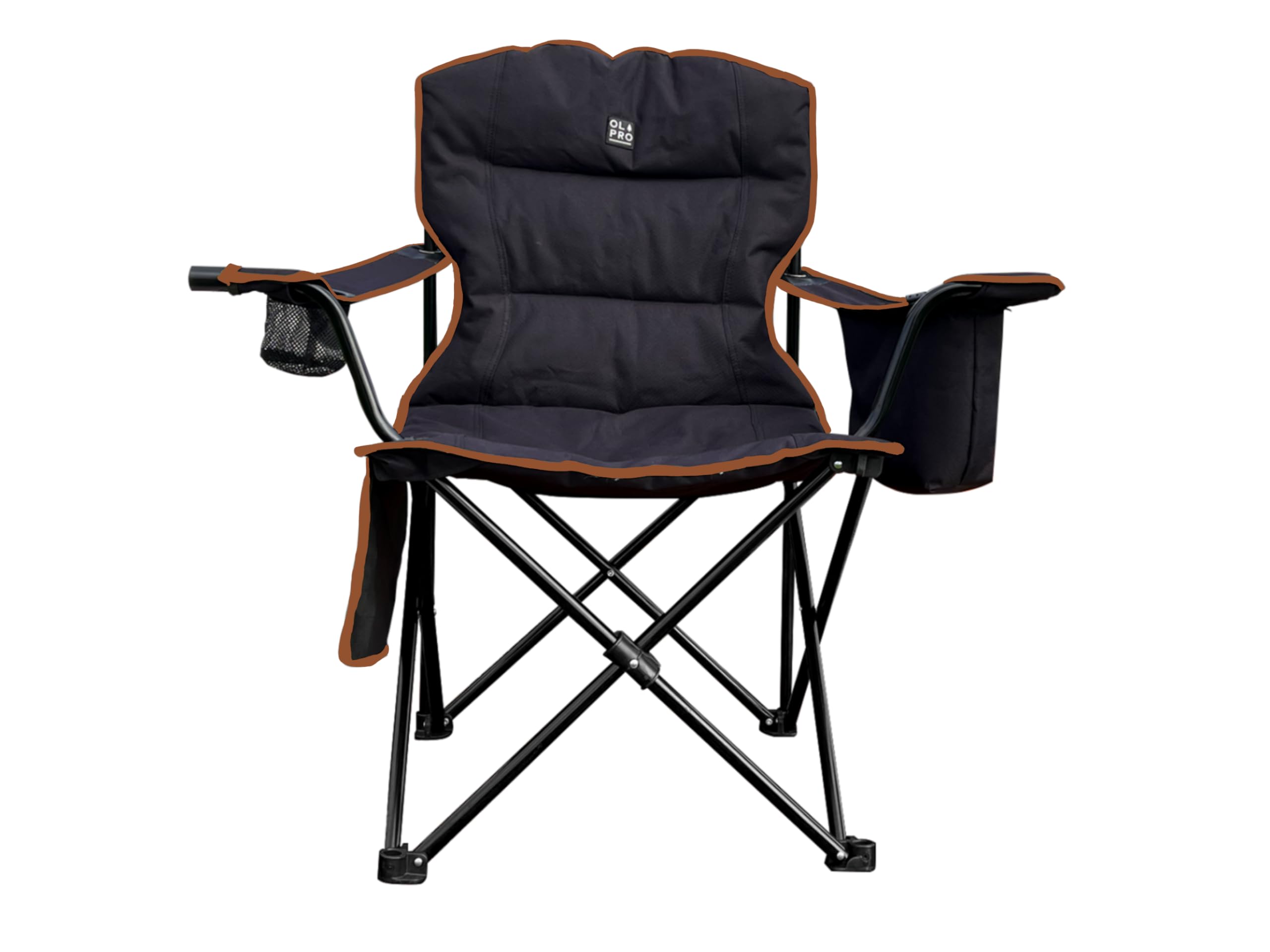 OLPRO Henwick Heavy Duty Padded Folding Camping Chair for Adults – Comfortable & Portable Outdoor Chair with Cooler Bag, Wine Glass & Cup Holder – Ideal for Camping, Garden & Picnics (Black/Orange)