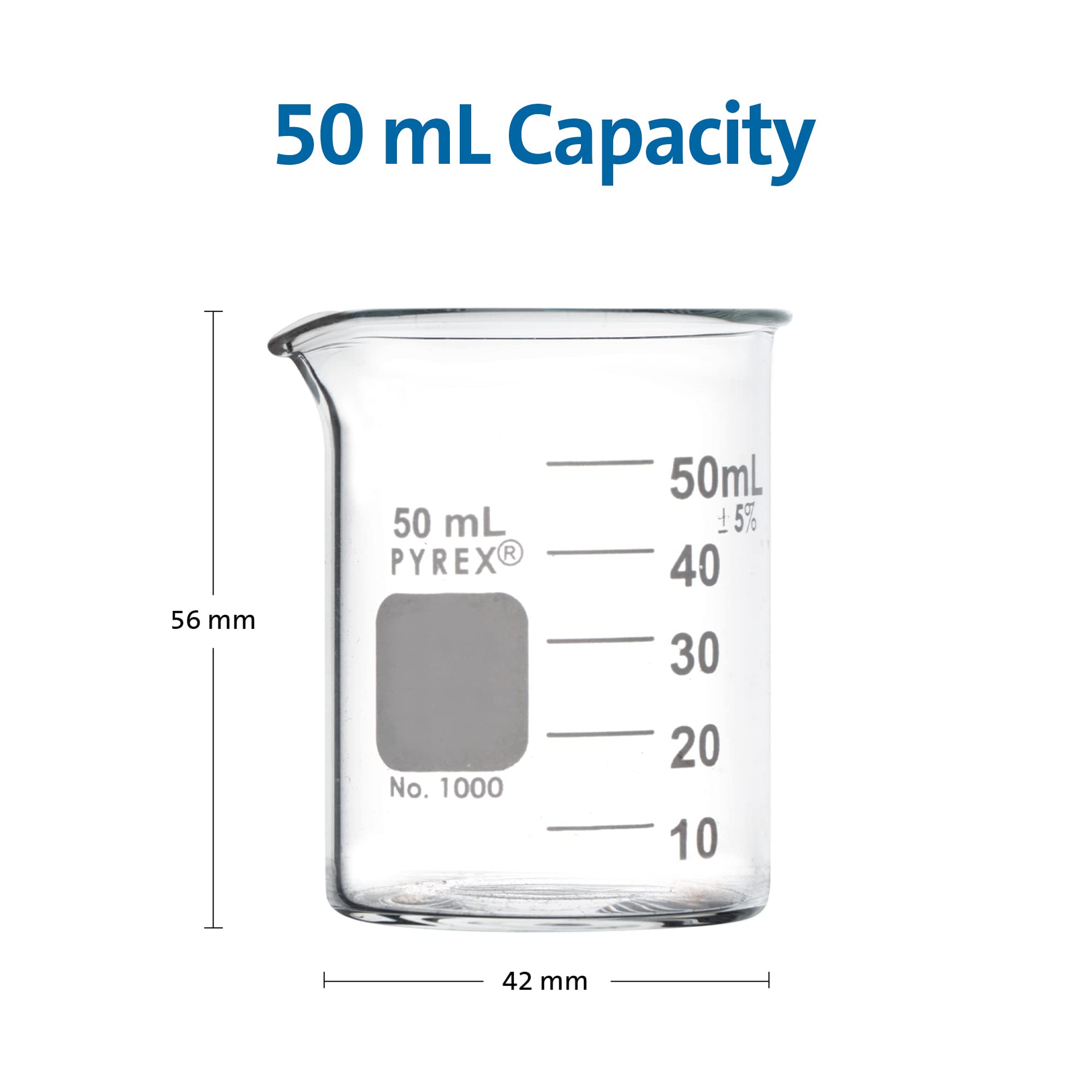 PYREX Griffin Borosilicate Glass Beaker - Low Form Graduated Measuring Beaker with Spout– Premium Scientific Glassware for Laboratories, Classrooms or Home Use- PYREX Chemistry Glassware, 50mL, 12 P/k